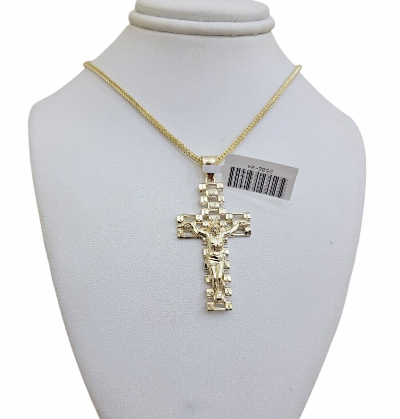 Real 10k Gold Franco Chain Cross Charm SET 24 Inch 2mm Necklace Jesus Pendant - GoldenlinQ