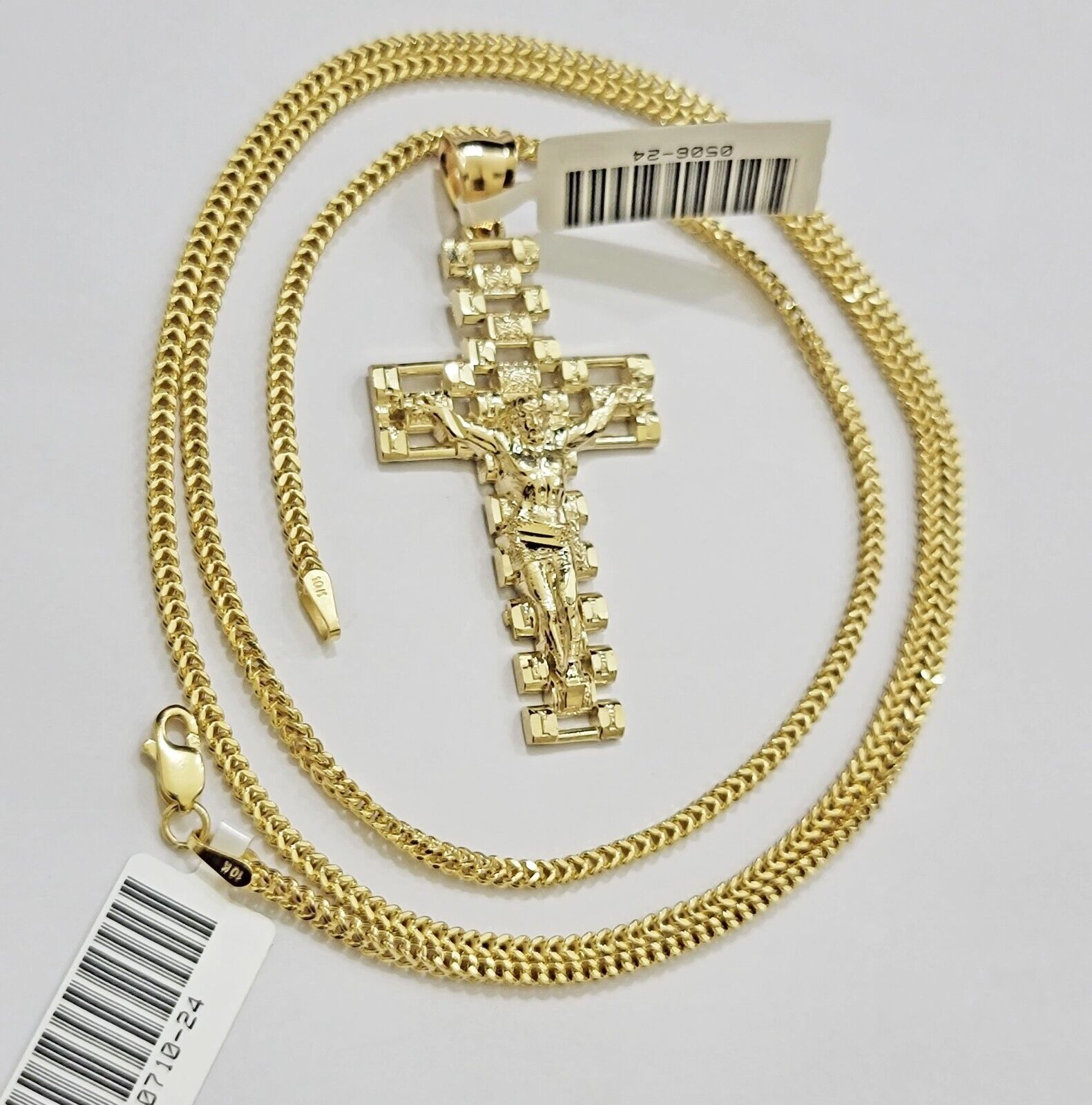 Real 10k Gold Franco Chain Cross Charm SET 24 Inch 2mm Necklace Jesus Pendant - GoldenlinQ