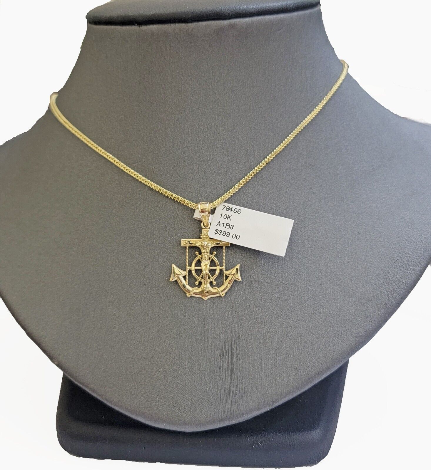 Real 10k Gold Franco Chain Jesus Anchor Charm Pendant Necklace SET Men Women - GoldenlinQ