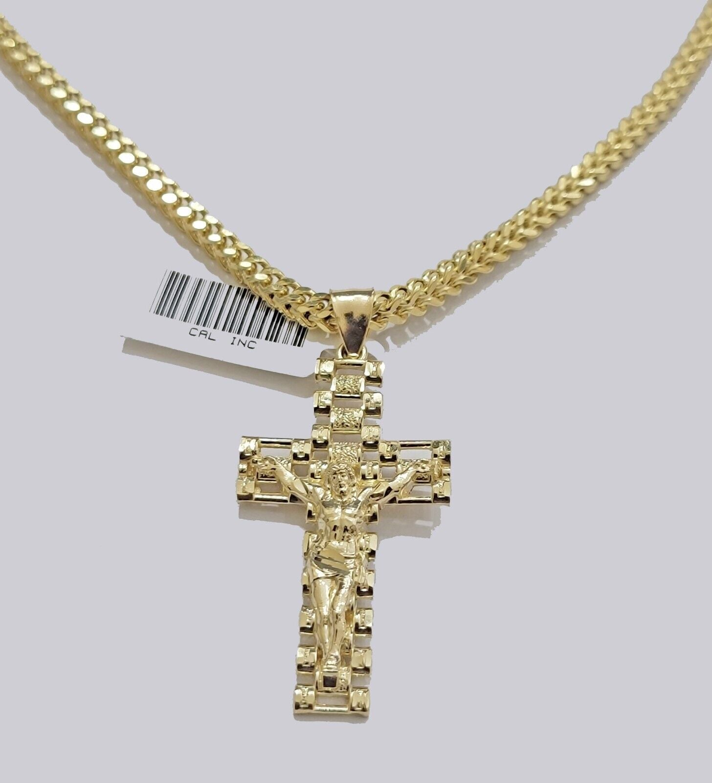 Real 10k Gold Franco chain & Jesus Cross Charm pendant , 3mm Necklace ,Men Women - GoldenlinQ