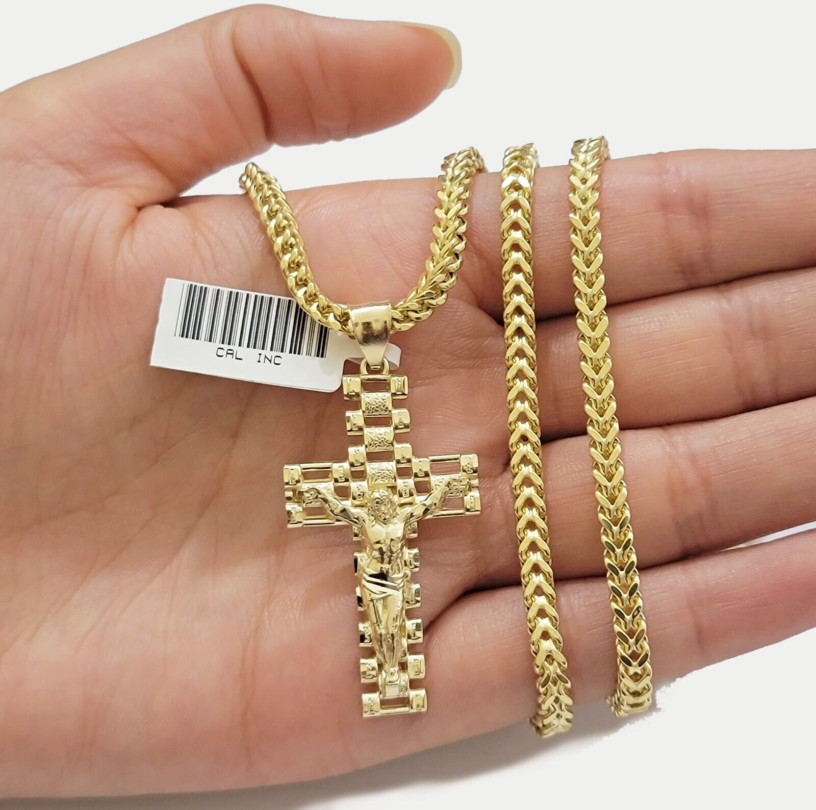 Real 10k Gold Franco chain & Jesus Cross Charm pendant , 3mm Necklace ,Men Women - GoldenlinQ