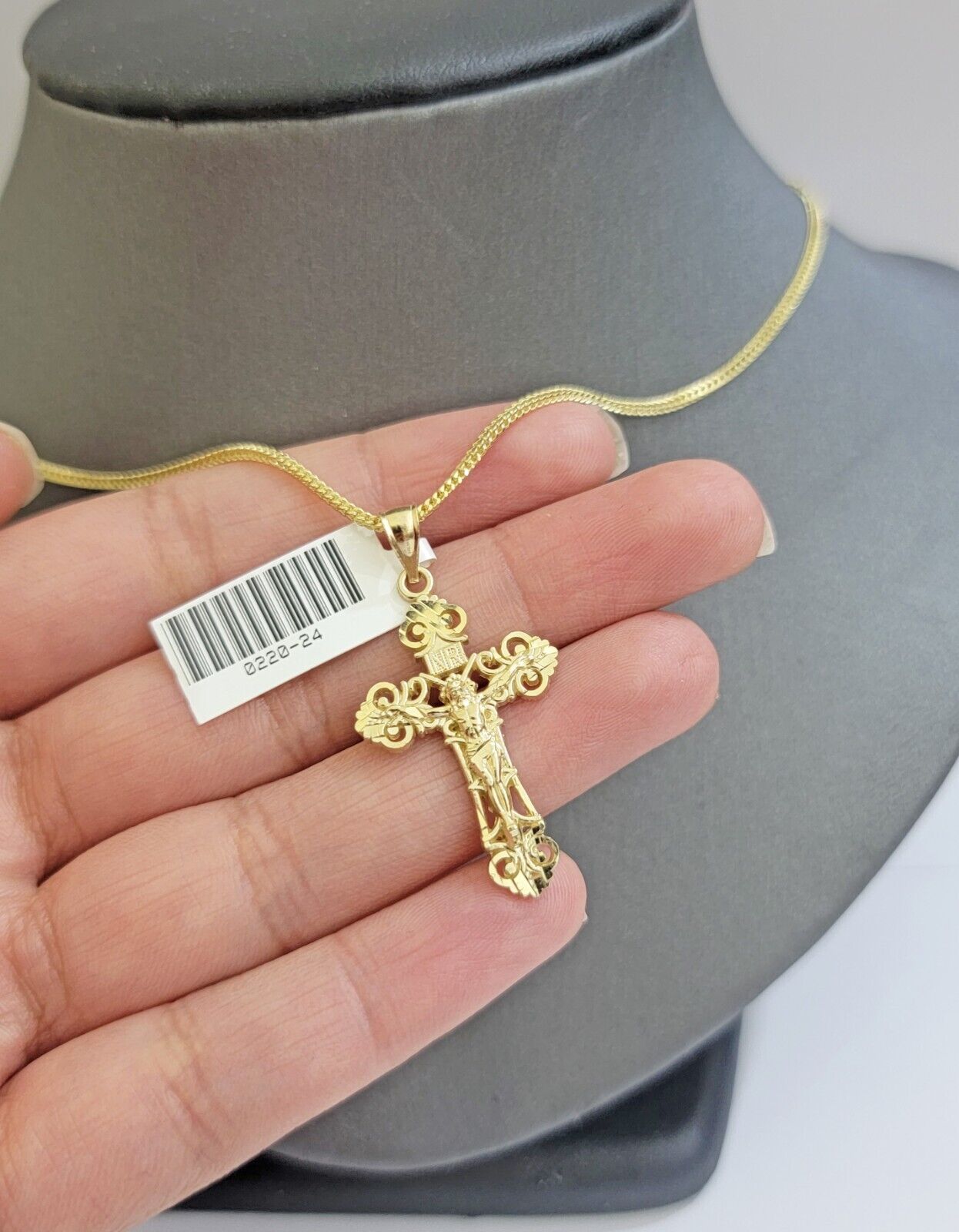 Real 10k Gold Franco Chain Jesus Cross Charm Pendant Necklace SET Men Women - GoldenlinQ