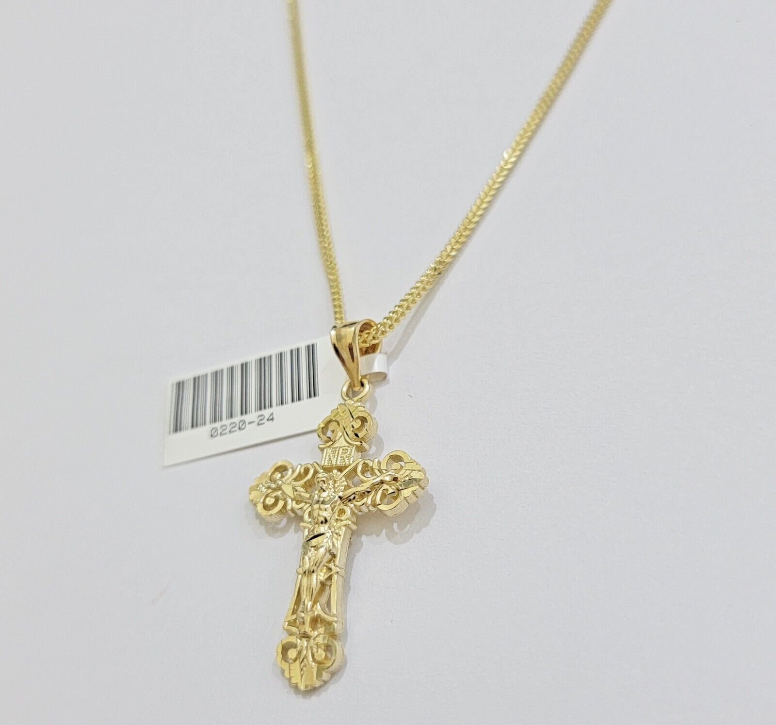 Real 10k Gold Franco Chain Jesus Cross Charm Pendant Necklace SET Men Women - GoldenlinQ