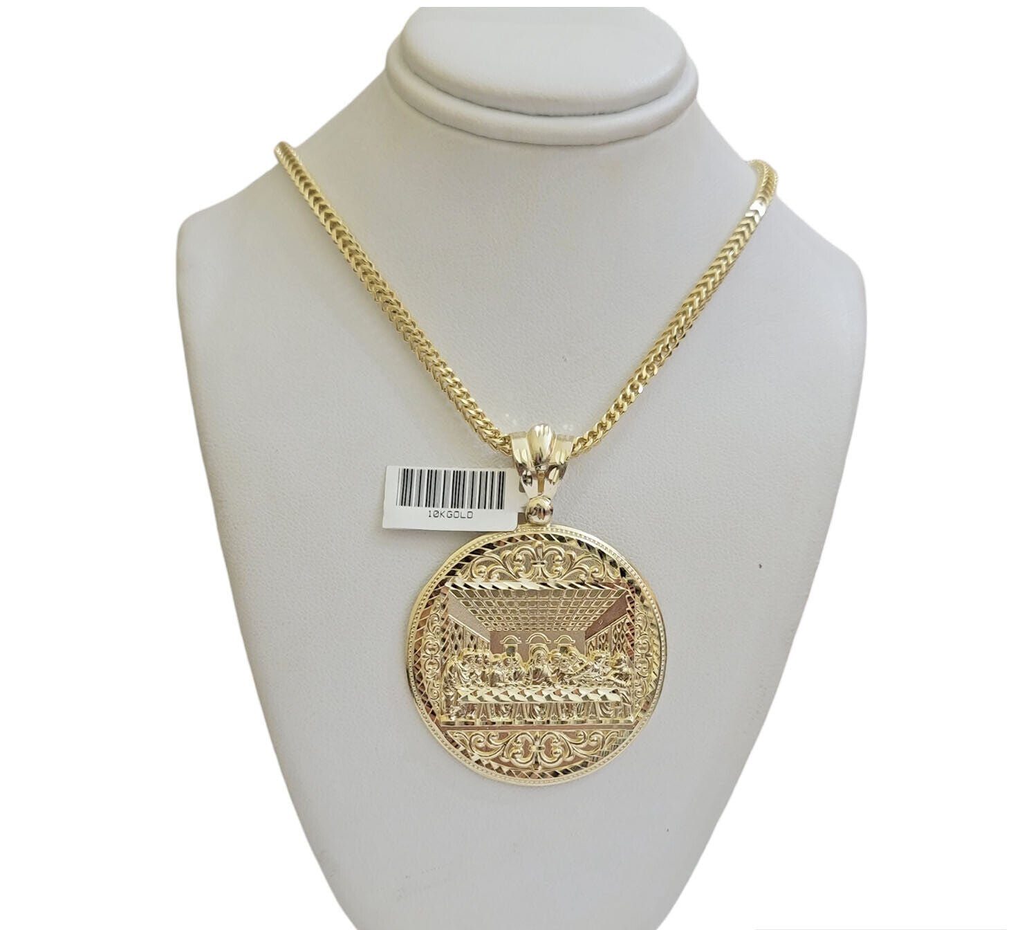 REAL 10k Gold Franco Chain & Last Supper Charm Pendant SET Necklace 26 Inch 3mm - GoldenlinQ