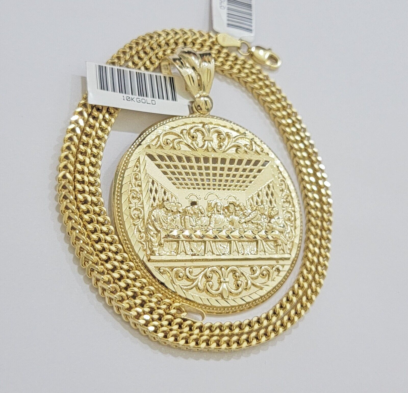 REAL 10k Gold Franco Chain & Last Supper Charm Pendant SET Necklace 26 Inch 3mm - GoldenlinQ