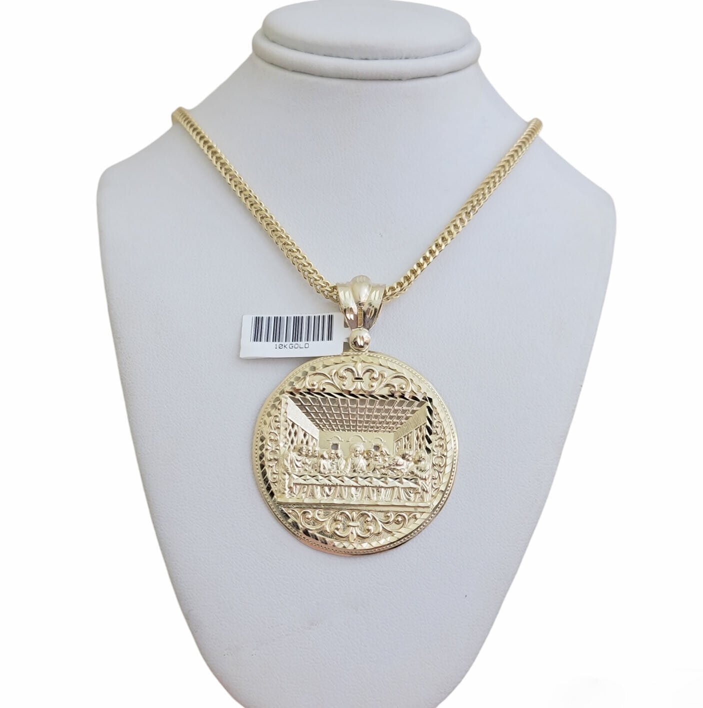 REAL 10k Gold Franco Chain Last Supper Pendant SET Necklace 3mm 20" Inch Choker - GoldenlinQ