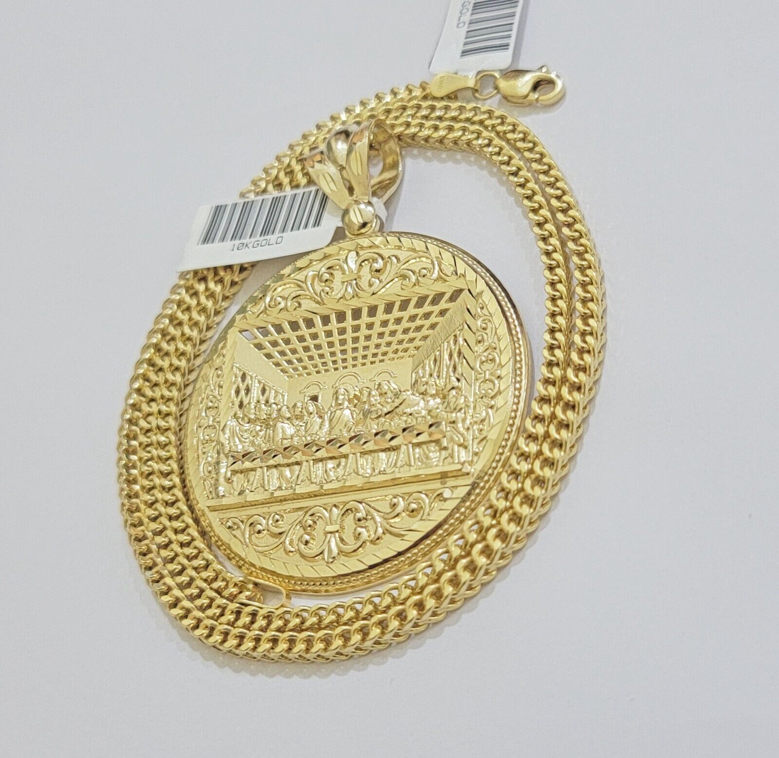 REAL 10k Gold Franco Chain Last Supper Pendant SET Necklace 3mm 20" Inch Choker - GoldenlinQ