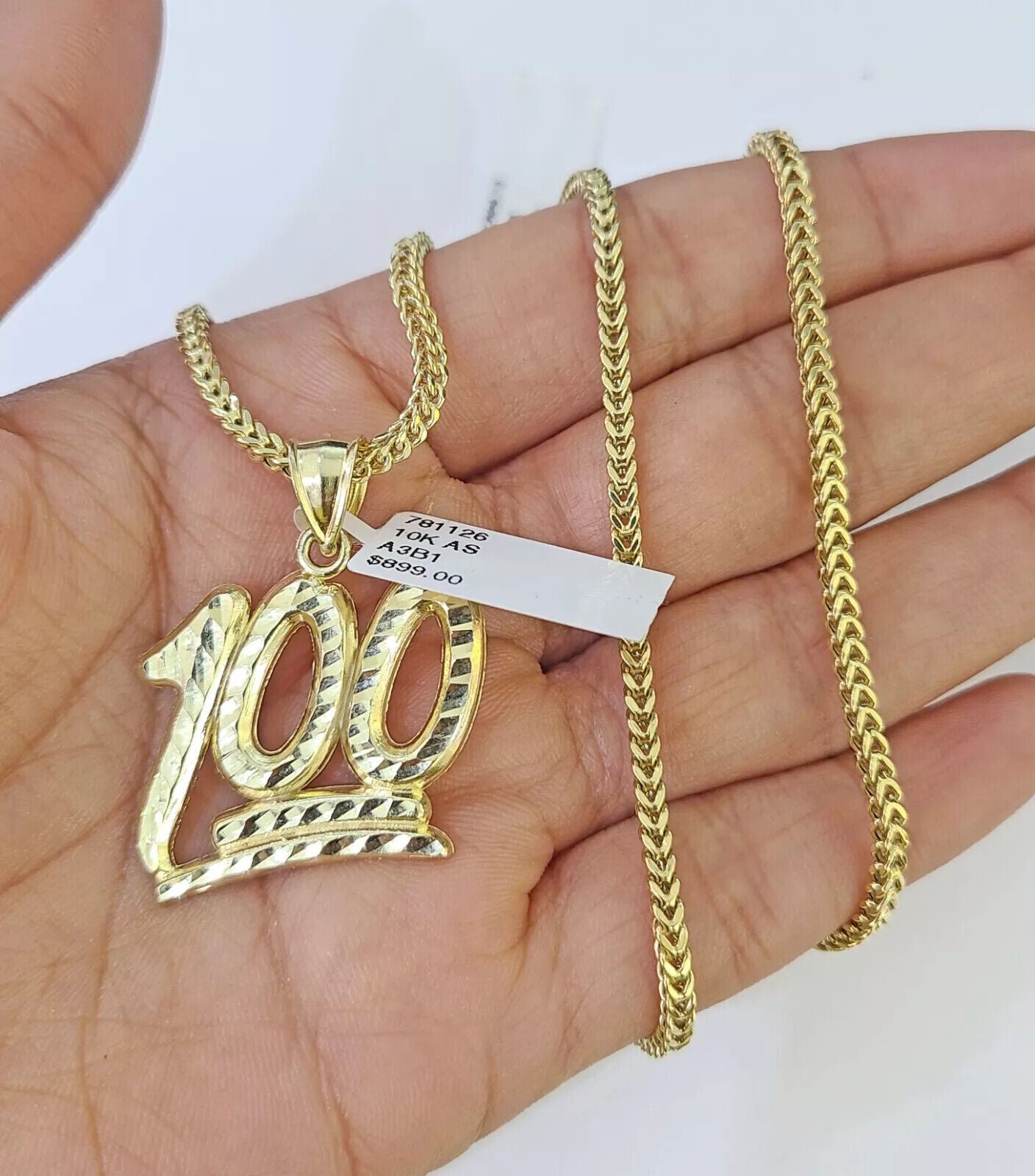 Real 10k Gold Franco Chain Necklace With 100 Sign Charm Pendant SET 18 - 26 inch - GoldenlinQ