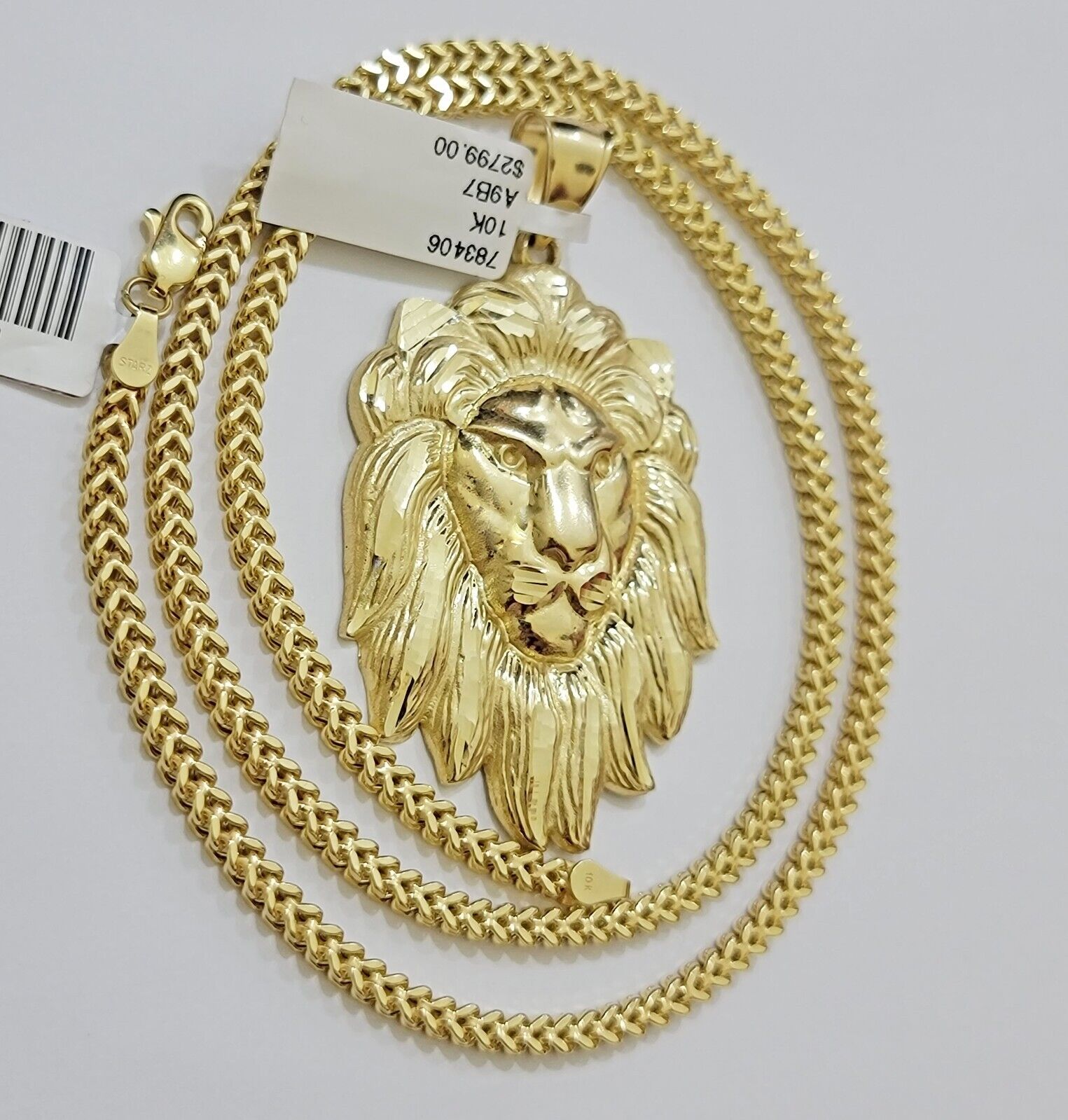 REAL 10k Gold Franco Necklace Charm Lion Head Pendant SET 20 - 26 Inch 3mm Chain - GoldenlinQ