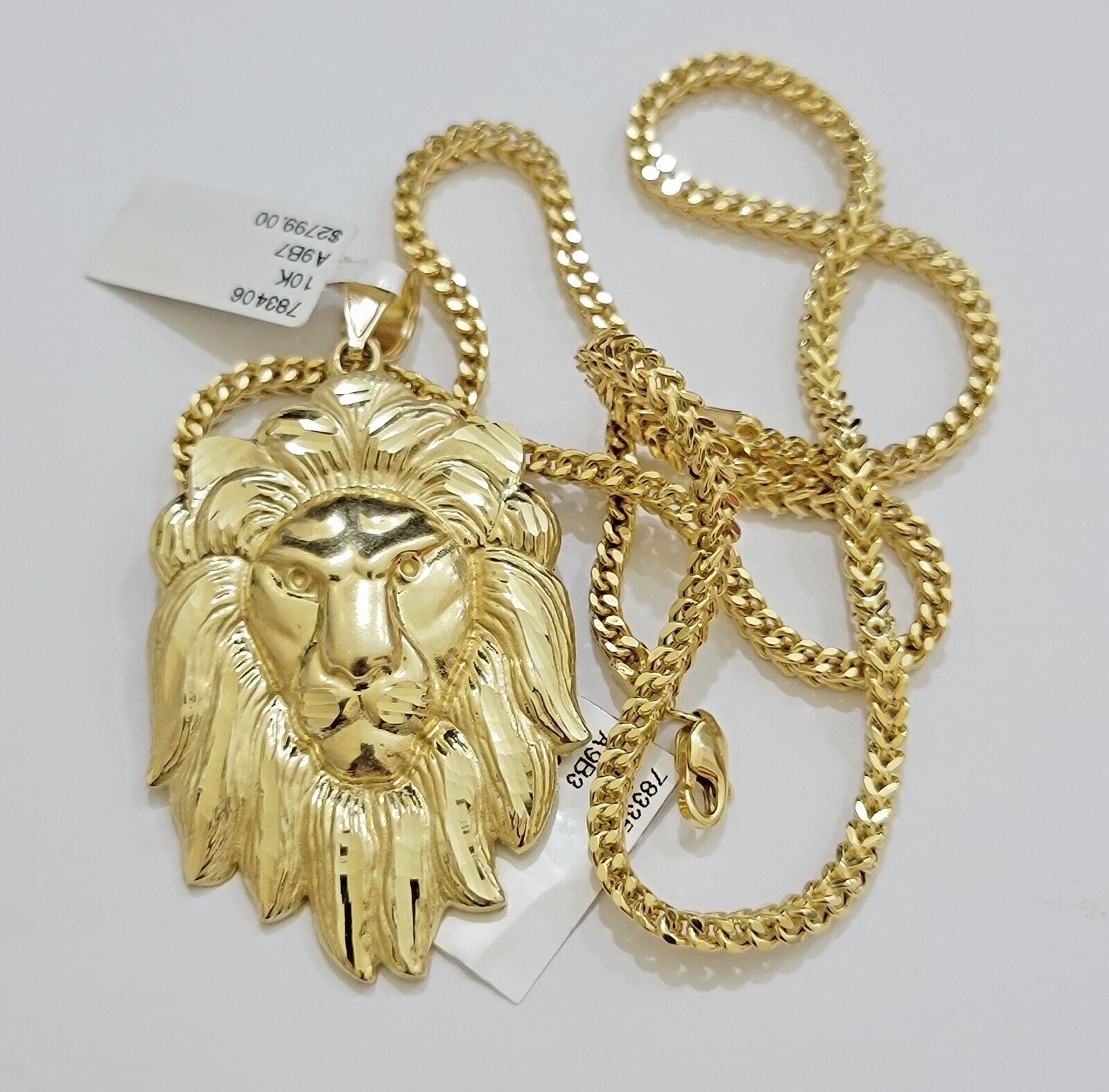 REAL 10k Gold Franco Necklace Charm Lion Head Pendant SET 20 - 26 Inch 3mm Chain - GoldenlinQ