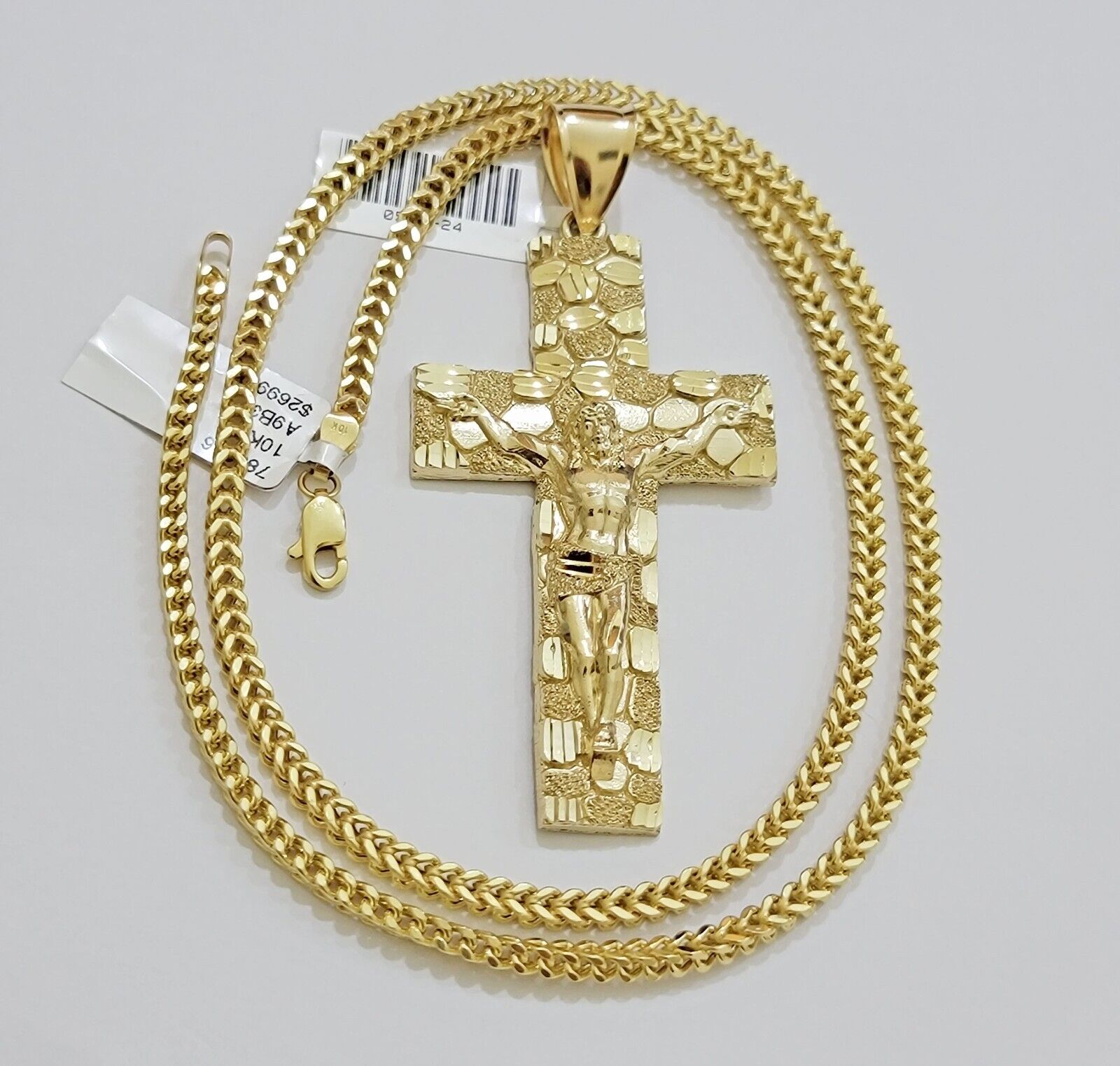 REAL 10k Gold Franco Necklace Nugget Charm Cross Pendant SET 22 Inch 3mm Chain - GoldenlinQ
