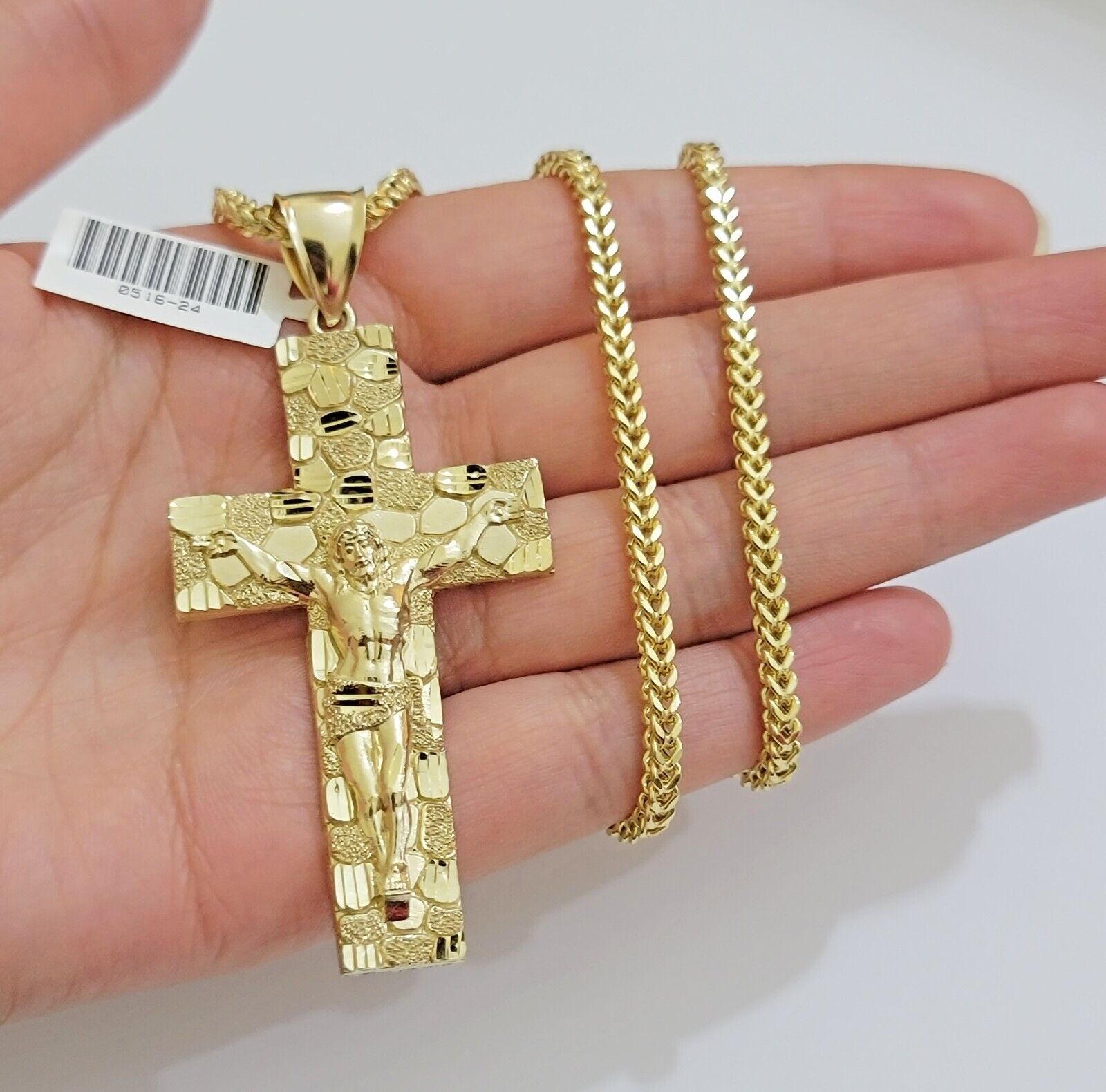 REAL 10k Gold Franco Necklace Nugget Charm Cross Pendant SET 22 Inch 3mm Chain - GoldenlinQ
