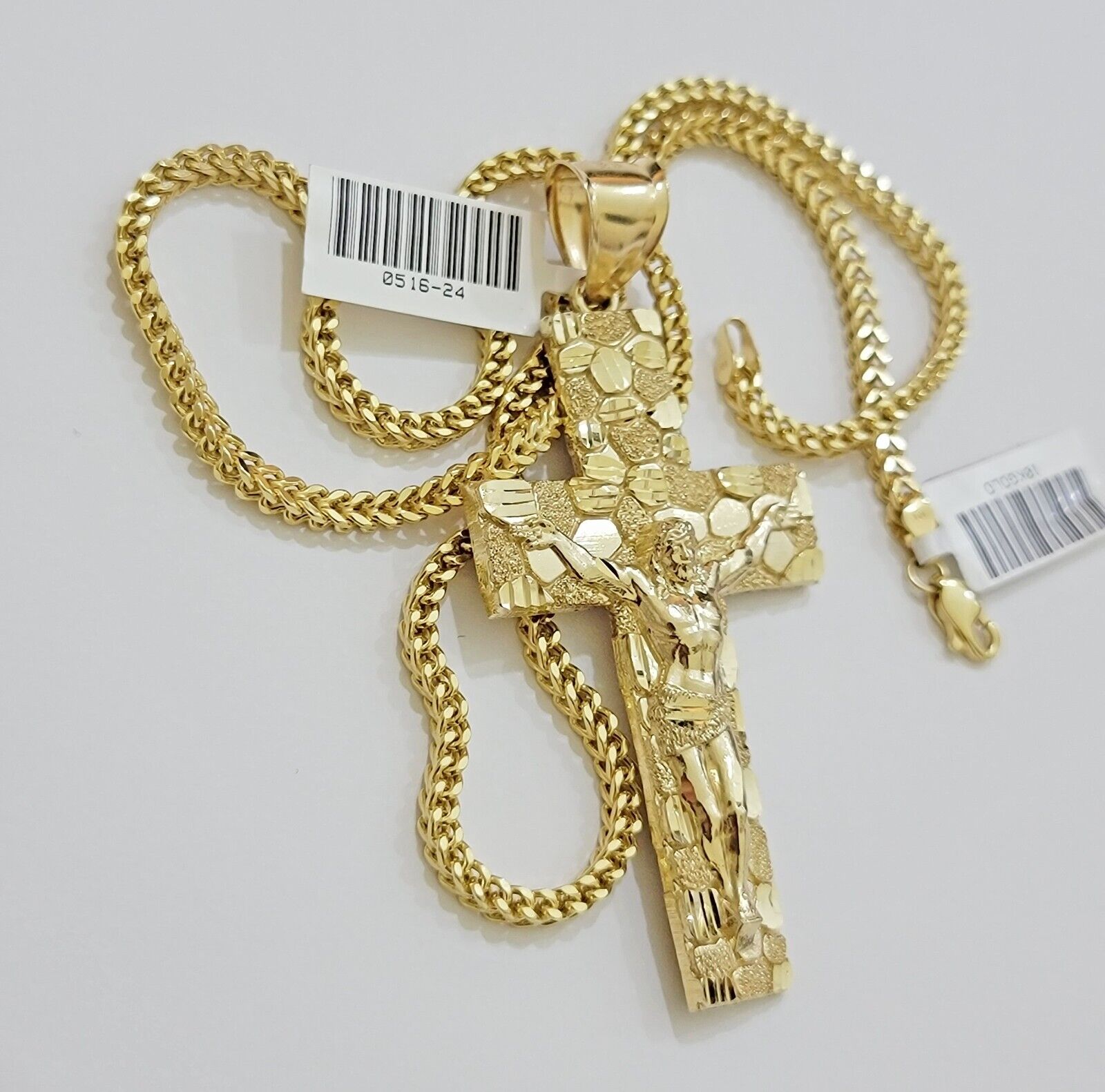 REAL 10k Gold Franco Necklace Nugget Cross Pendant SET 20" - 26 Inch 3mm Chain - GoldenlinQ