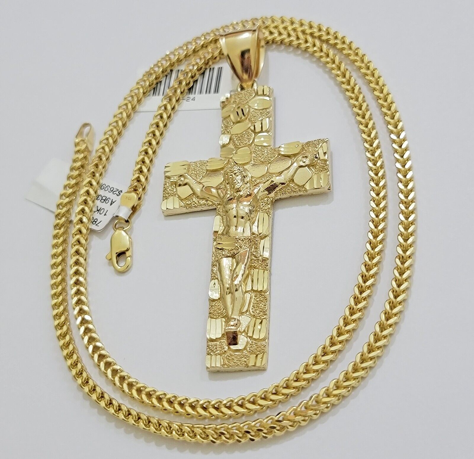 REAL 10k Gold Franco Necklace Nugget Cross Pendant SET 20" Inch 3mm Chain - GoldenlinQ