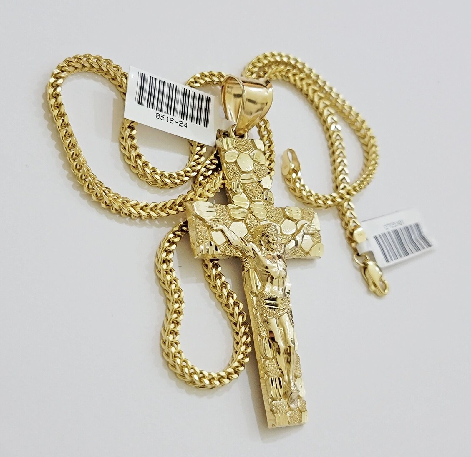 REAL 10k Gold Franco Necklace Nugget Cross Pendant SET 20" Inch 3mm Chain - GoldenlinQ