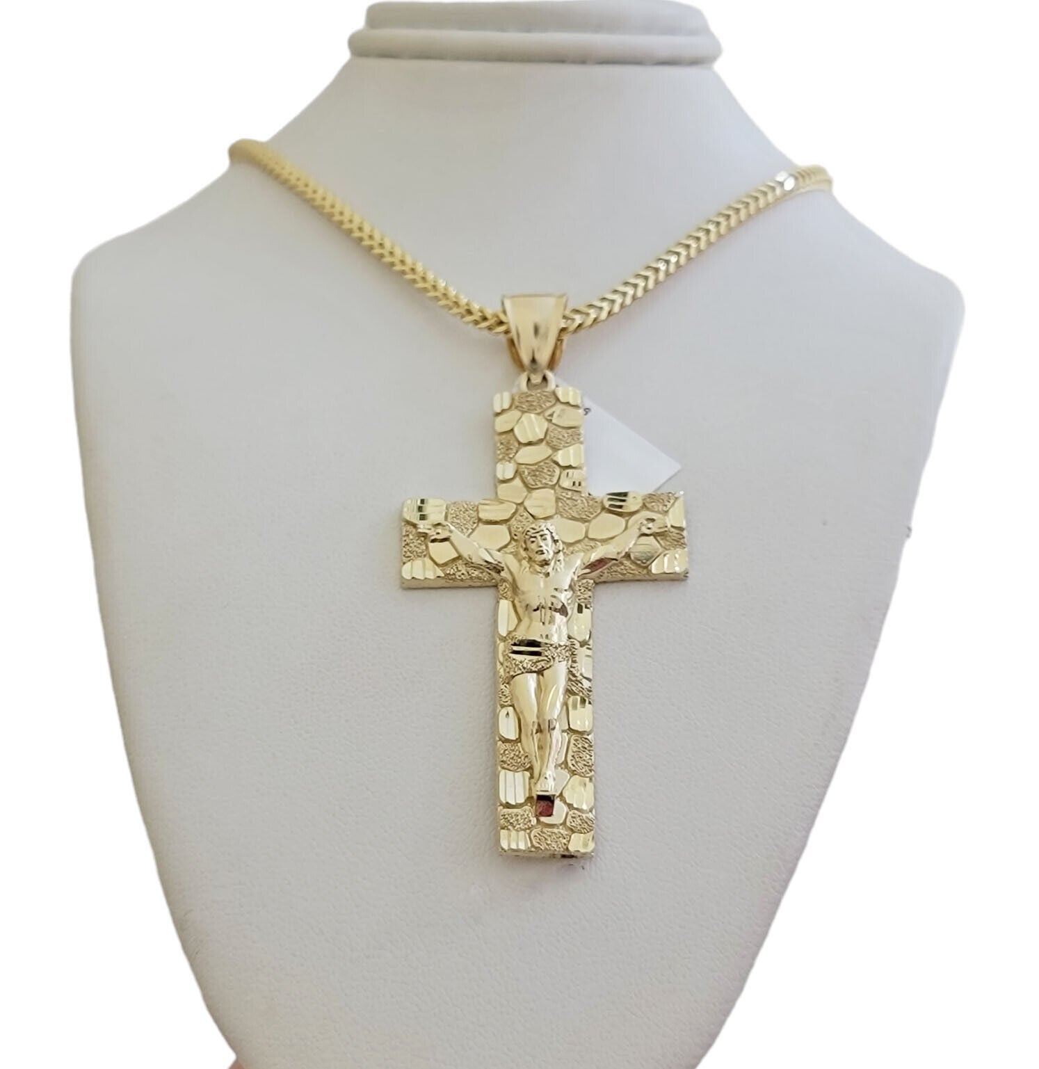 REAL 10k Gold Franco Necklace Nugget Cross Pendant SET 20" Inch 3mm Chain - GoldenlinQ