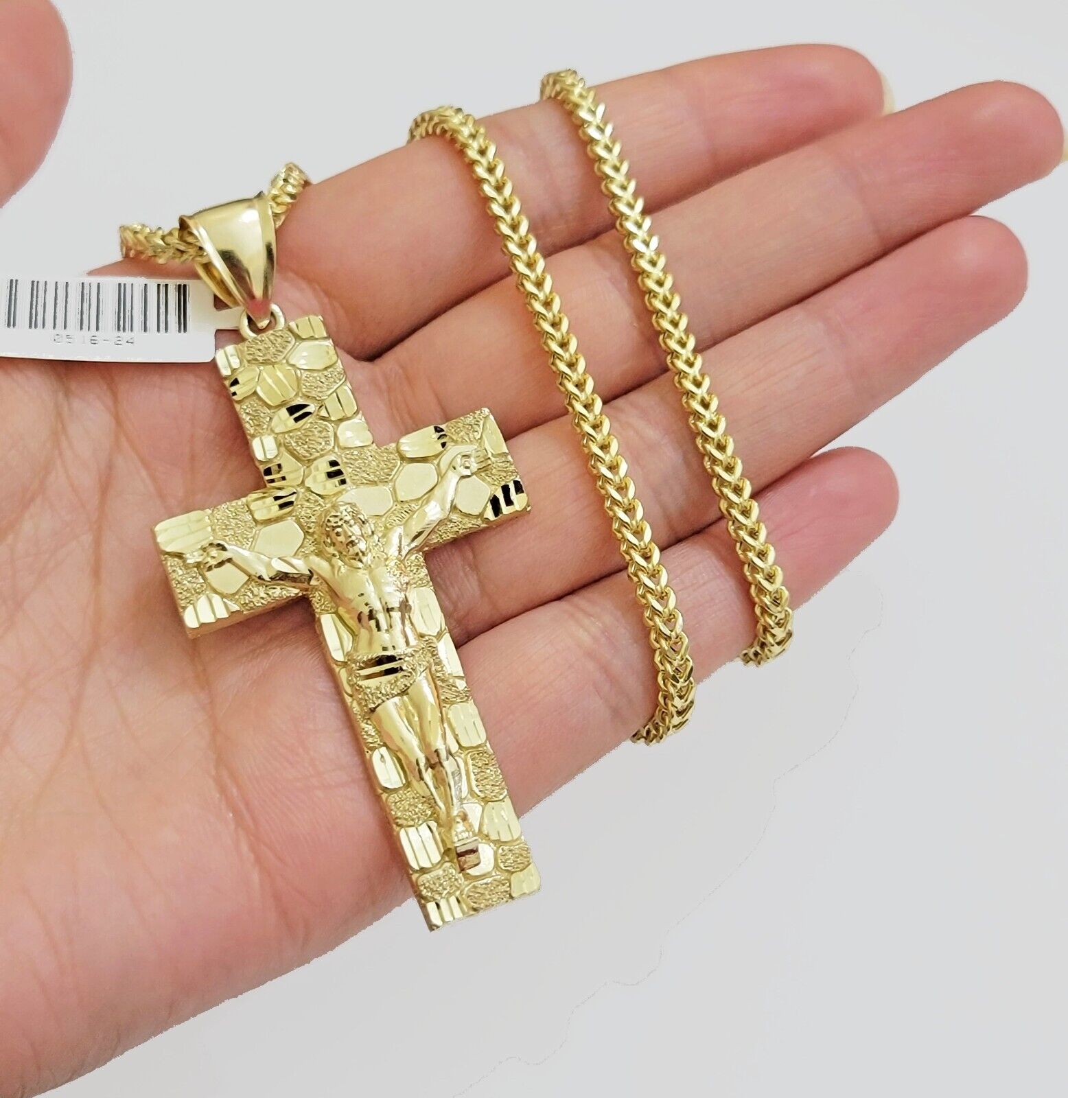 REAL 10k Gold Franco Necklace Nugget Cross Pendant SET 20" Inch 3mm Chain - GoldenlinQ