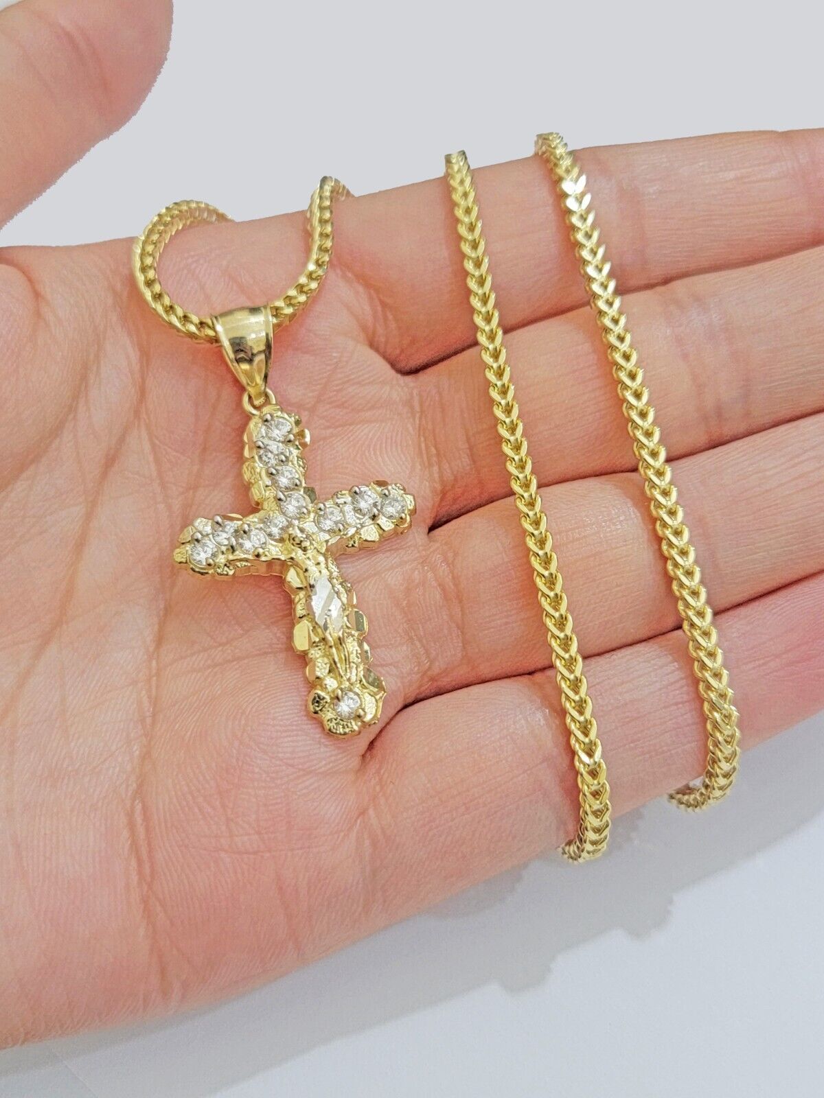 Real 10k Gold Jesus Cross Charm Chain Set Franco Necklace 2.5mm 18 - 24" Men Women - GoldenlinQ