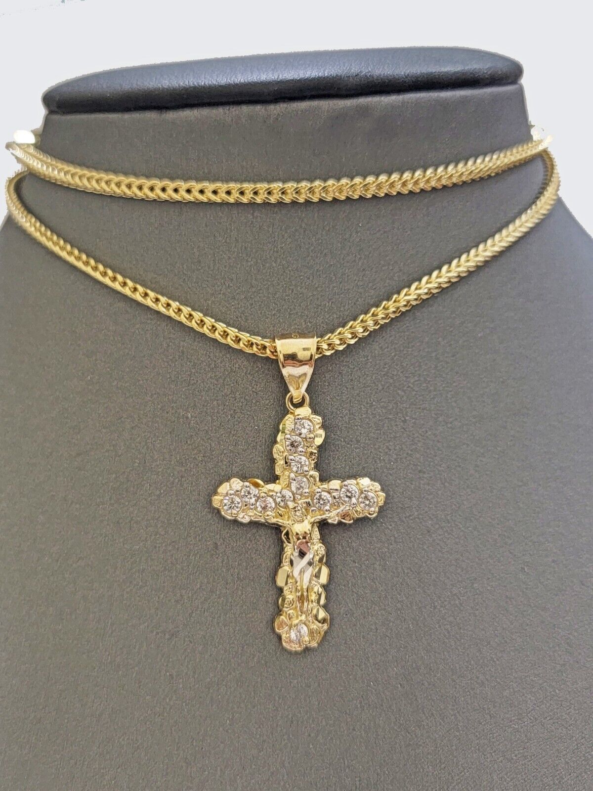 Real 10k Gold Jesus Cross Charm Chain Set Franco Necklace 2.5mm 18 - 24" Men Women - GoldenlinQ
