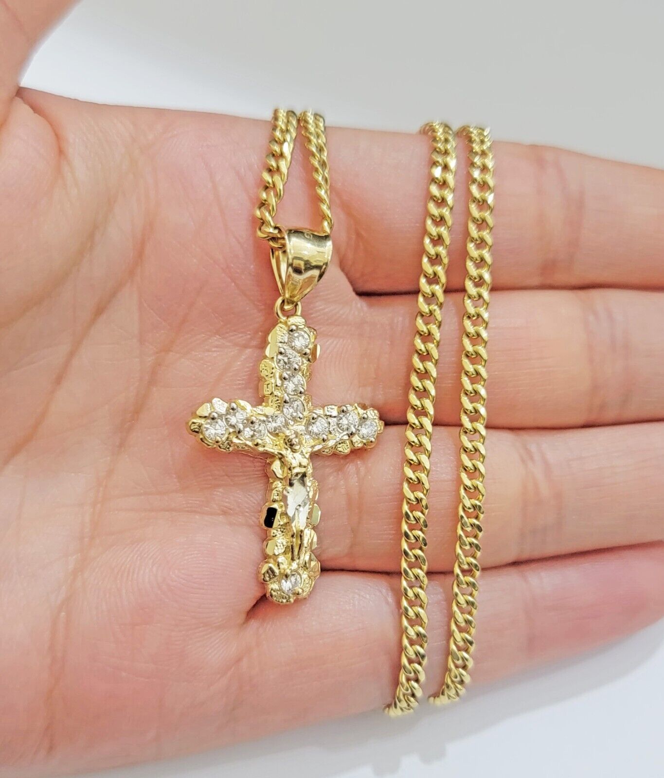 Real 10k Gold Jesus Cross Charm Chain Set Miami Cuban Link Necklace 2.5mm 18 - 26" - GoldenlinQ