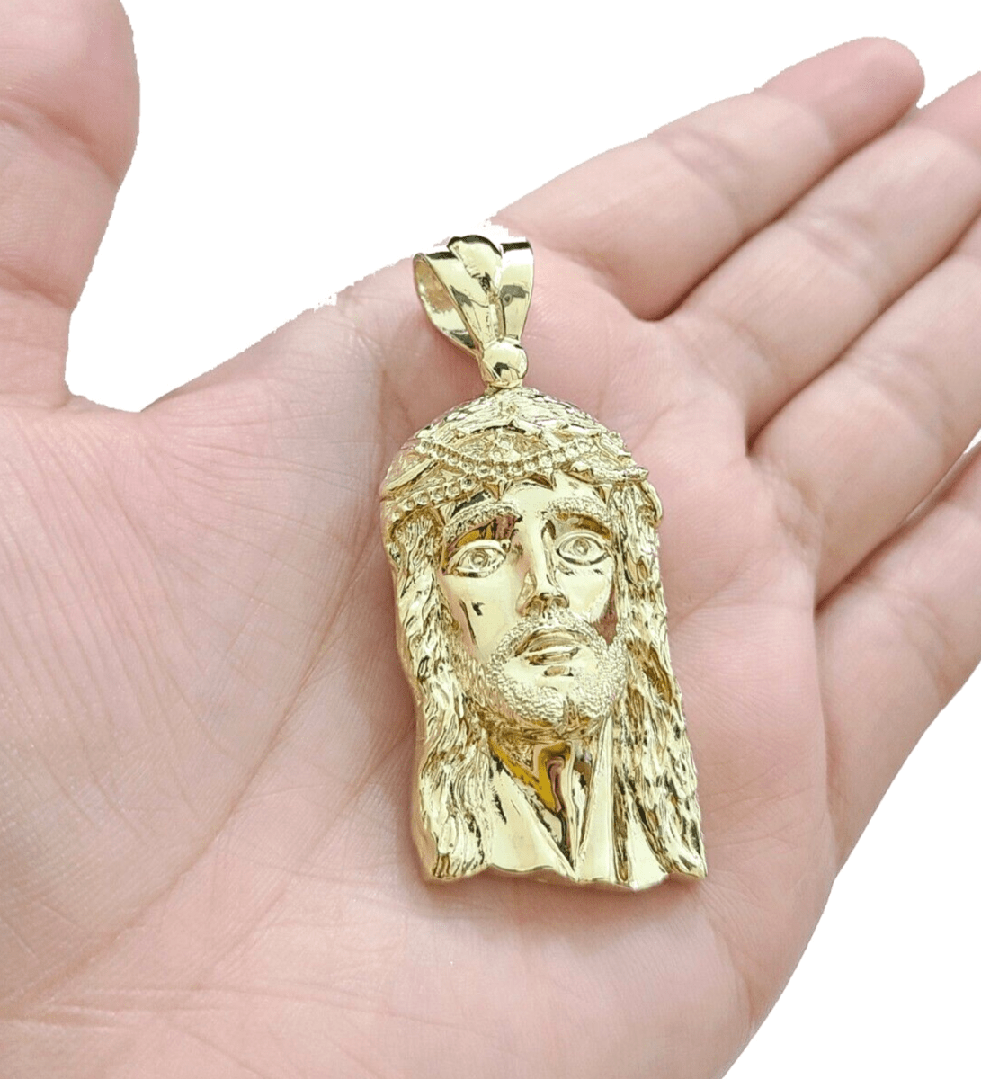 Real 10k Gold Jesus Head Charm Pendant 2'' Inch 10KT Yellow Gold - GoldenlinQ
