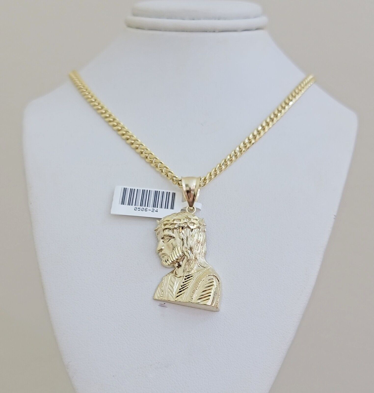 Real 10k Gold Jesus Head Charm Pendant Cuban Link Chain 4mm 24 Inch Necklace SET - GoldenlinQ