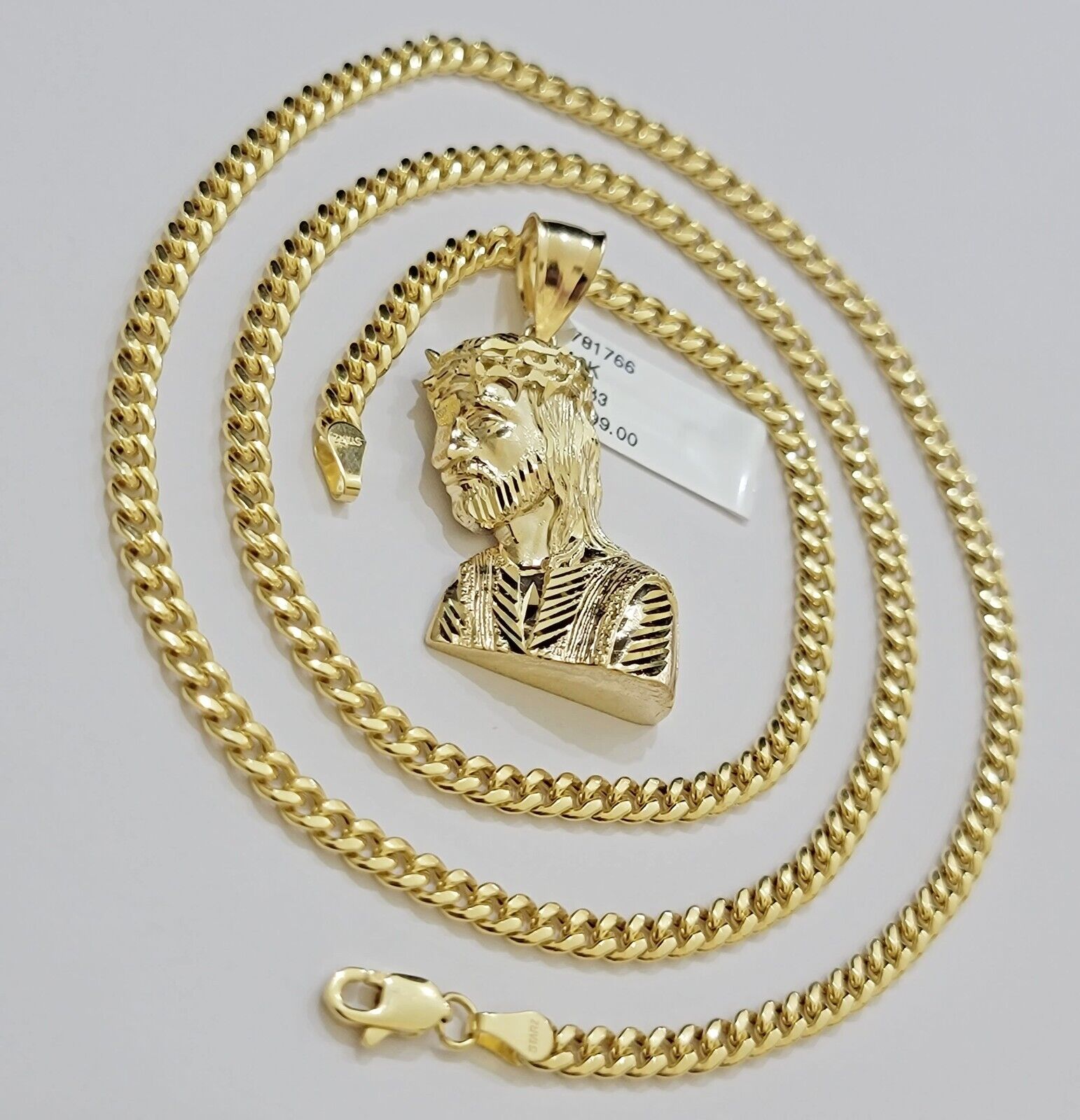 Real 10k Gold Jesus Head Charm Pendant Cuban Link Chain 4mm 24 Inch Necklace SET - GoldenlinQ