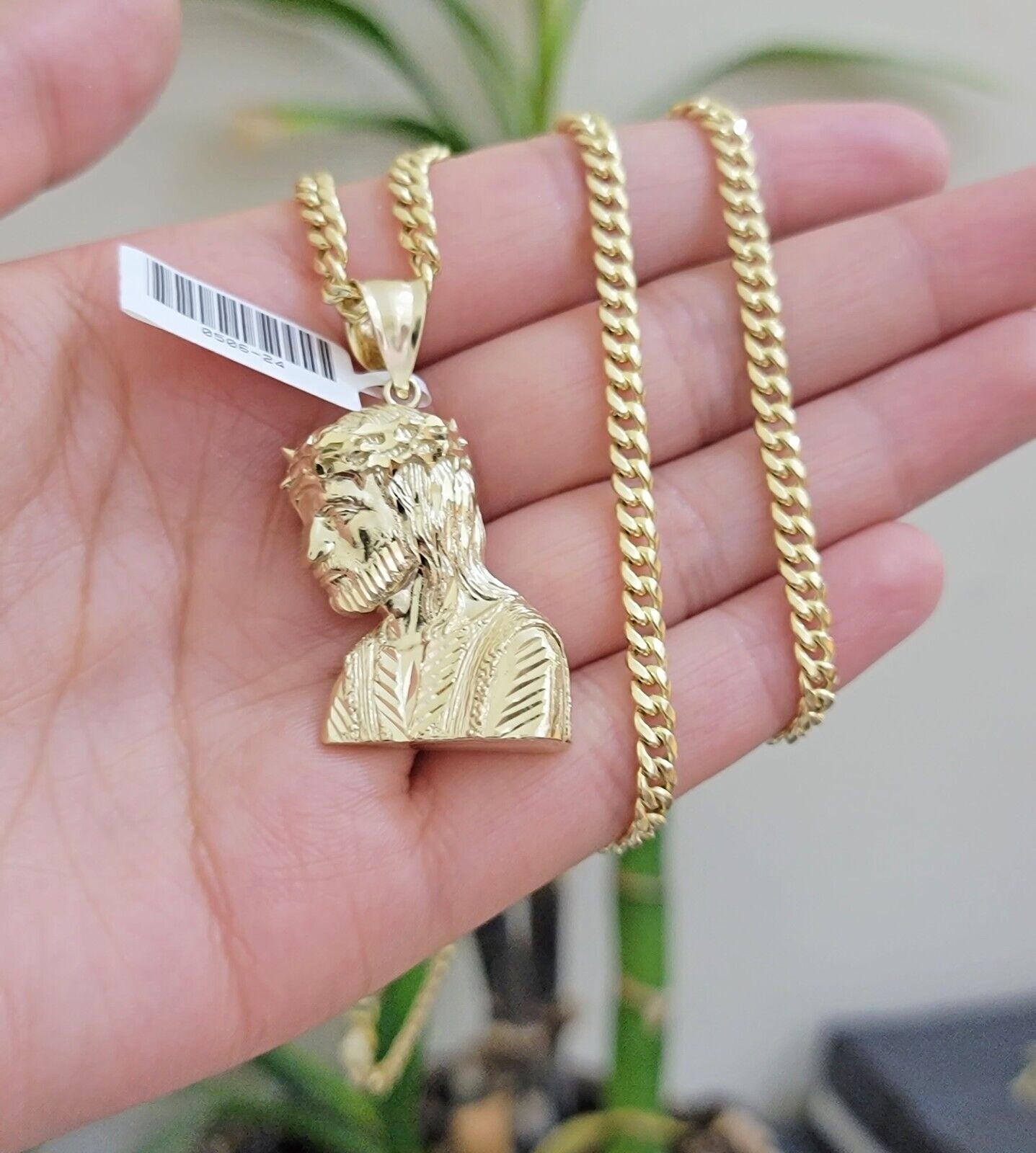 Real 10k Gold Jesus Heard Charm Pendant &Miami Cuban Link Chain 4mm Necklace SET - GoldenlinQ