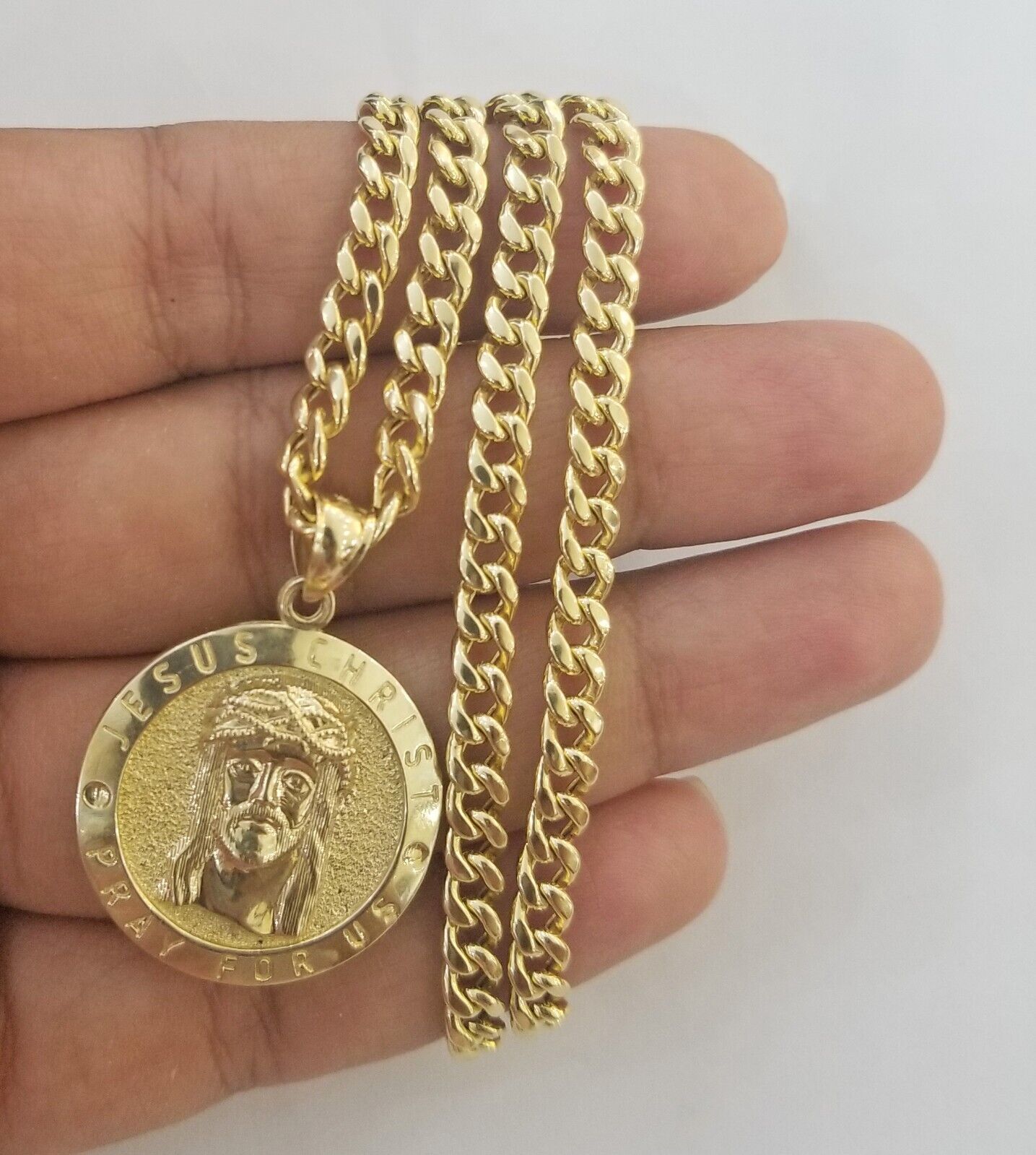 Real 10k Gold Jesus Pendant Miami Cuban link Chain 4mm 20" Set Round - GoldenlinQ