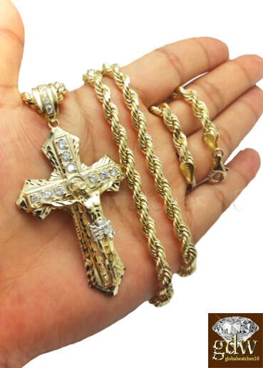 Real 10k Gold Men's Jesus Crucifix Cross Pendent Charm with 28 Inch Rope Chain. - GoldenlinQ