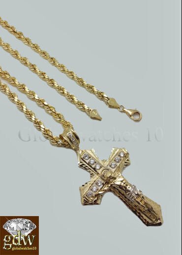 Real 10k Gold Men's Jesus Crucifix Cross Pendent Charm with 28 Inch Rope Chain. - GoldenlinQ