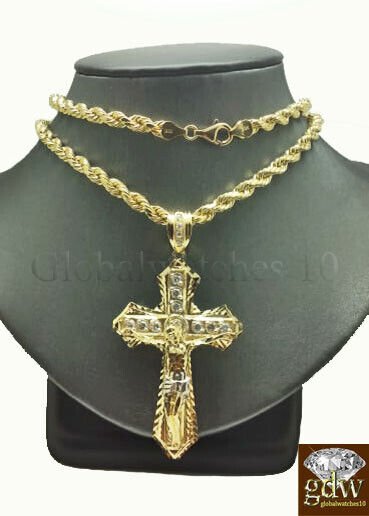 Real 10k Gold Men's Jesus Crucifix Cross Pendent Charm with 28 Inch Rope Chain. - GoldenlinQ