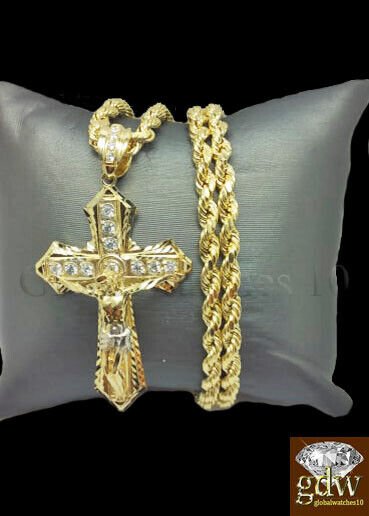 Real 10k Gold Men's Jesus Crucifix Cross Pendent Charm with 28 Inch Rope Chain. - GoldenlinQ