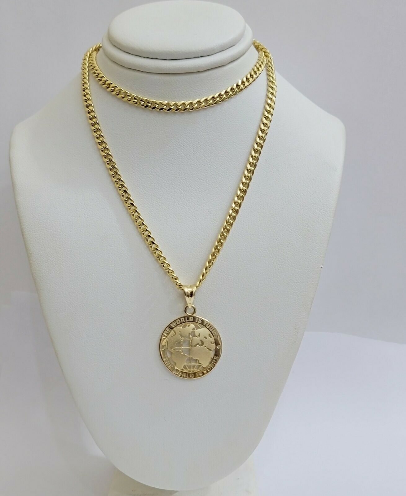 Real 10k Gold Miami Cuban 24" Chain Pendant Set 3.5mm Necklace World Map Charm - GoldenlinQ