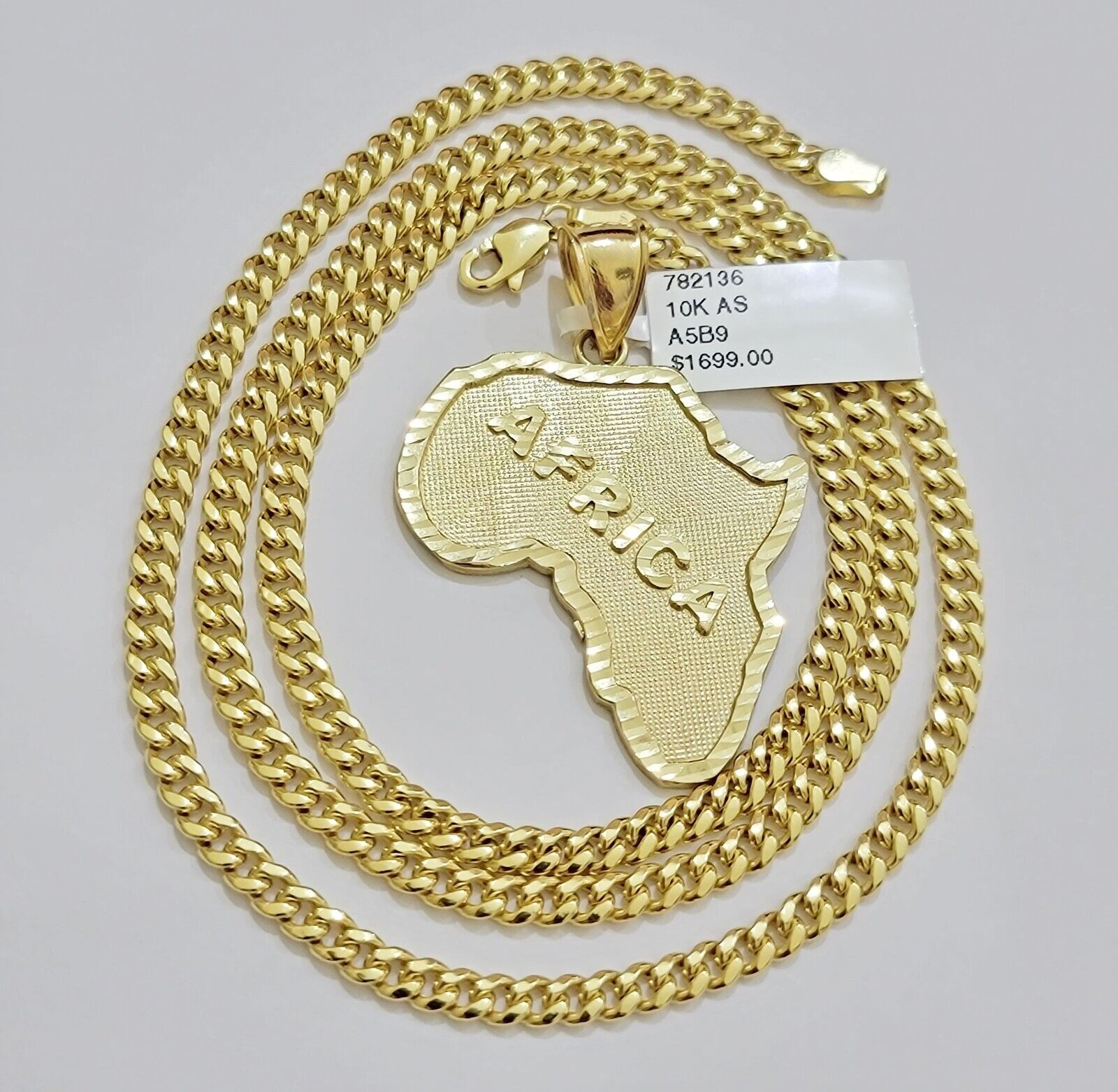 Real 10k Gold Miami Cuban Link Chain Necklace 4mm Africa Continent Charm Pendant - GoldenlinQ