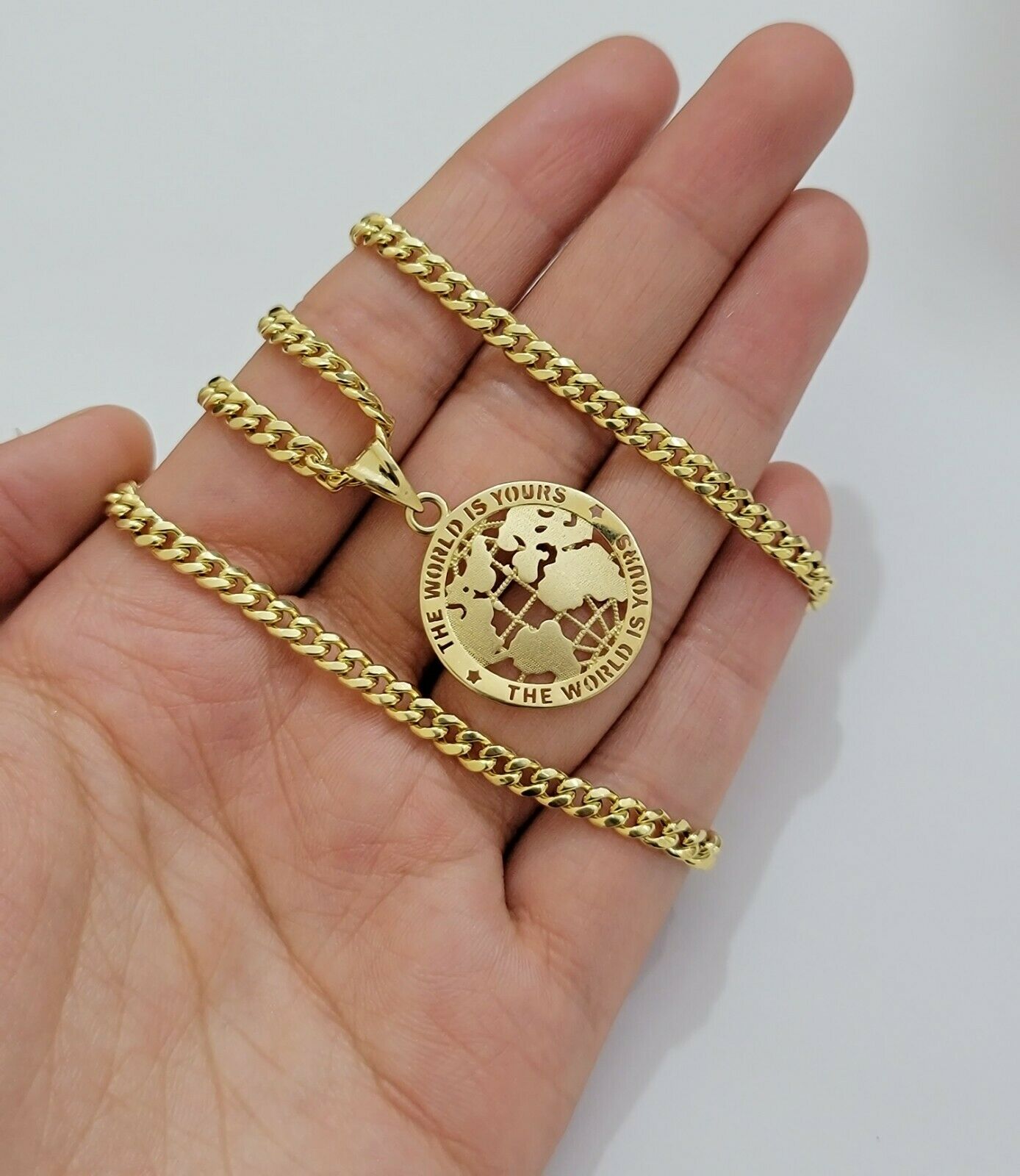 Real 10k Gold Miami Cuban Link Chain Pendant Set 3.5mm Necklace World Map Charm - GoldenlinQ
