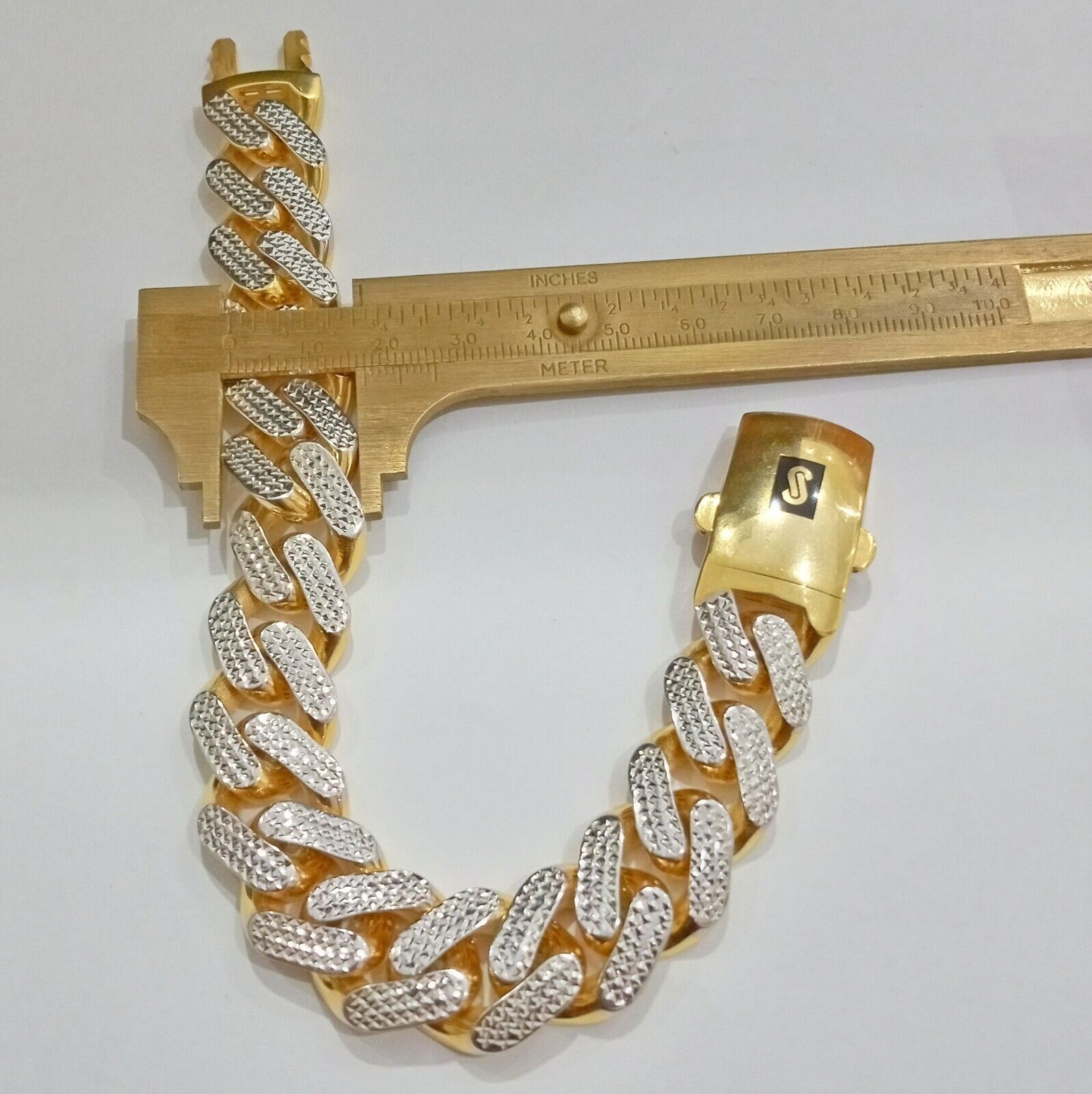 Real 10k Gold Monaco Bracelet 17mm 9" Two - tone Diamond Cut 10kt Royal Cuban link - GoldenlinQ