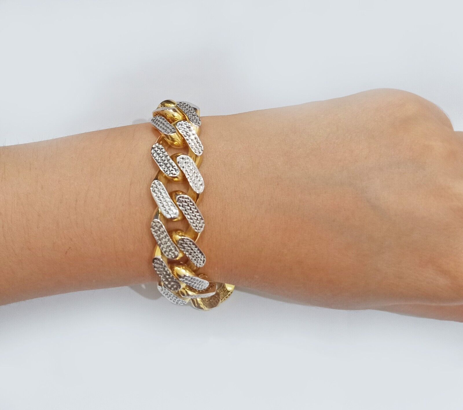 Real 10k Gold Monaco Bracelet 17mm 9" Two - tone Diamond Cut 10kt Royal Cuban link - GoldenlinQ