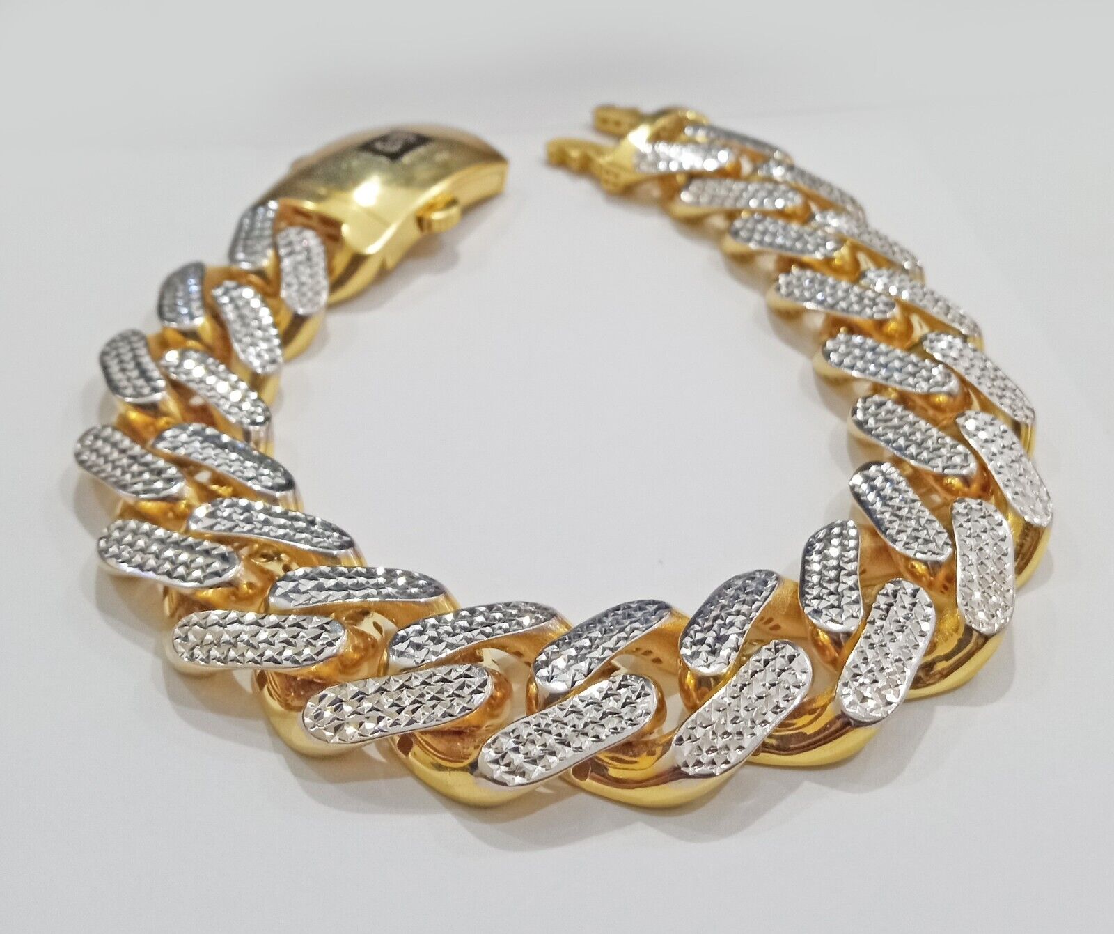 Real 10k Gold Monaco Bracelet 17mm 9" Two - tone Diamond Cut 10kt Royal Cuban link - GoldenlinQ