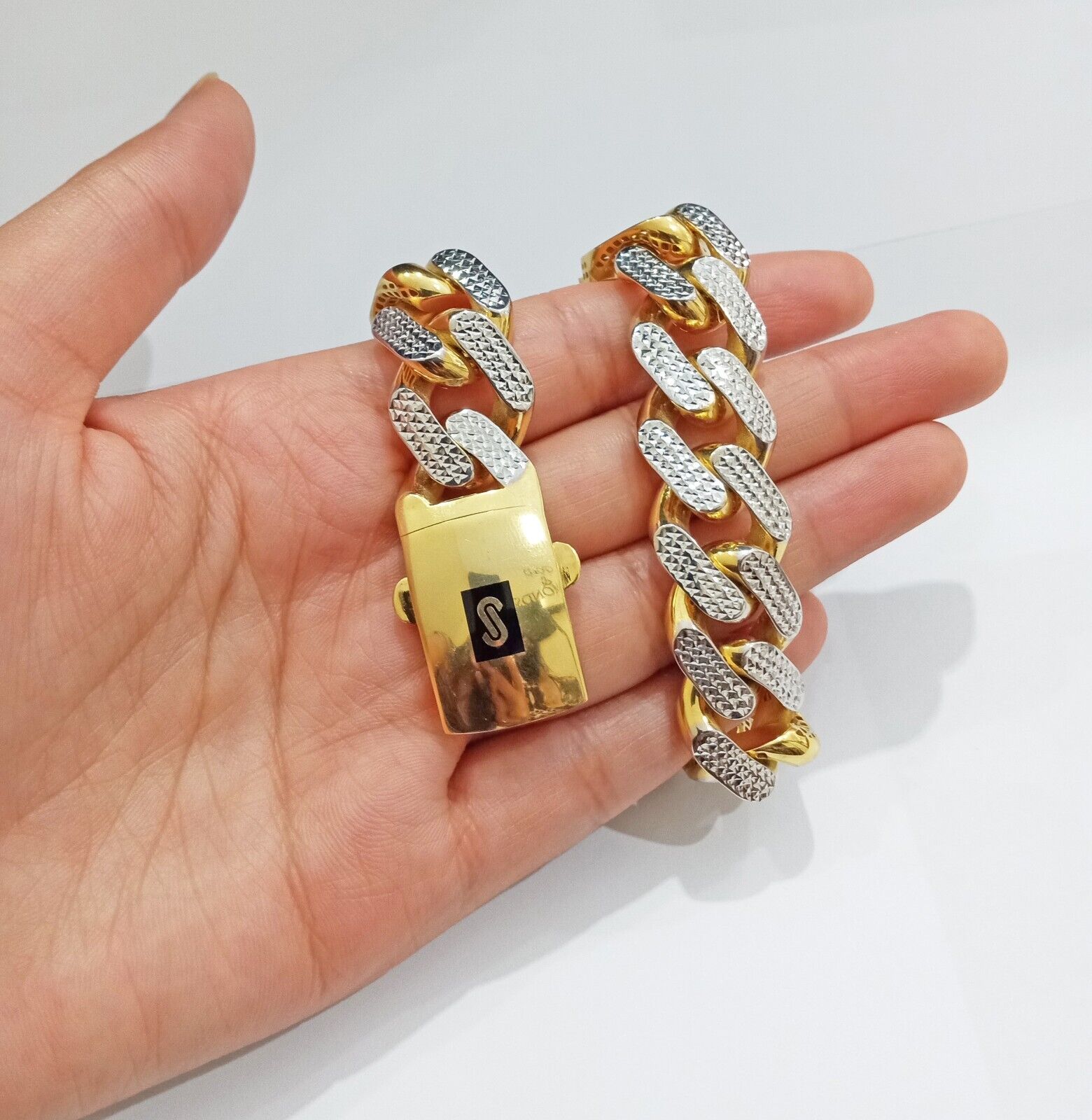 Real 10k Gold Monaco Bracelet 17mm Royal Cuban link 8" Two - tone Diamond Cut 10kt - GoldenlinQ