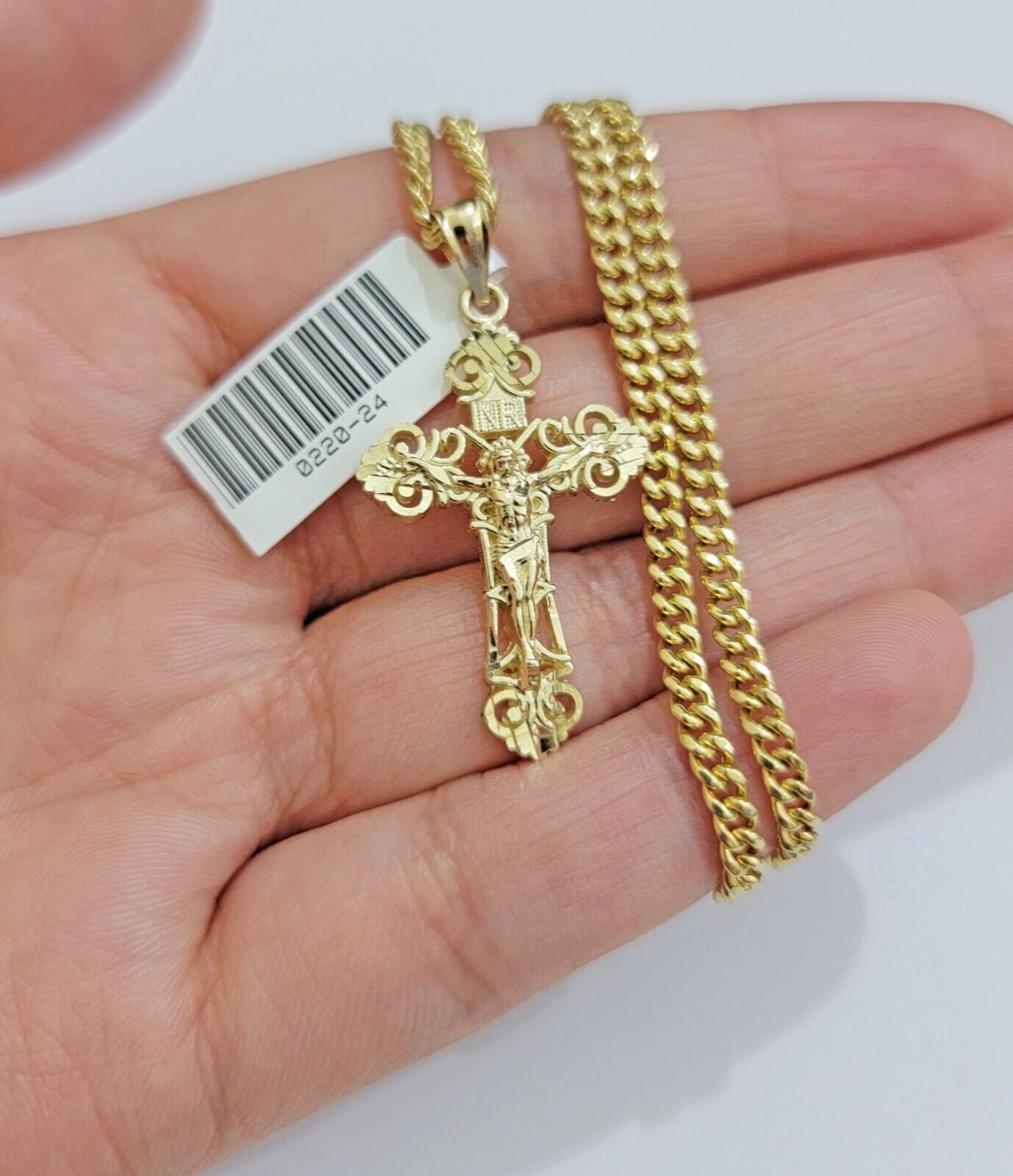Real 10k Gold Necklace Chain Jesus Cross Charm Pendant SET 3mm Miami Cuban Link - GoldenlinQ