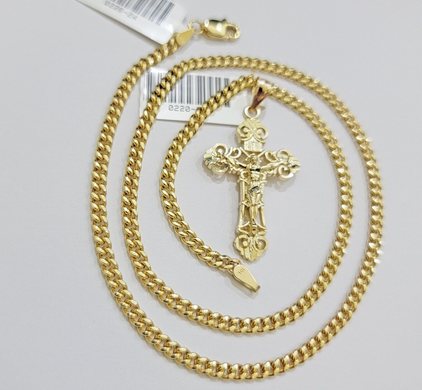 Real 10k Gold Necklace Chain Jesus Cross Charm Pendant SET 3mm Miami Cuban Link - GoldenlinQ