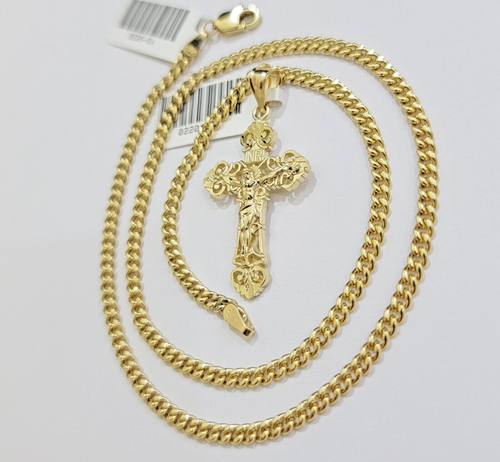 Real 10k Gold Necklace Chain Jesus Cross Charm Pendant SET 3mm Miami Cuban Link - GoldenlinQ
