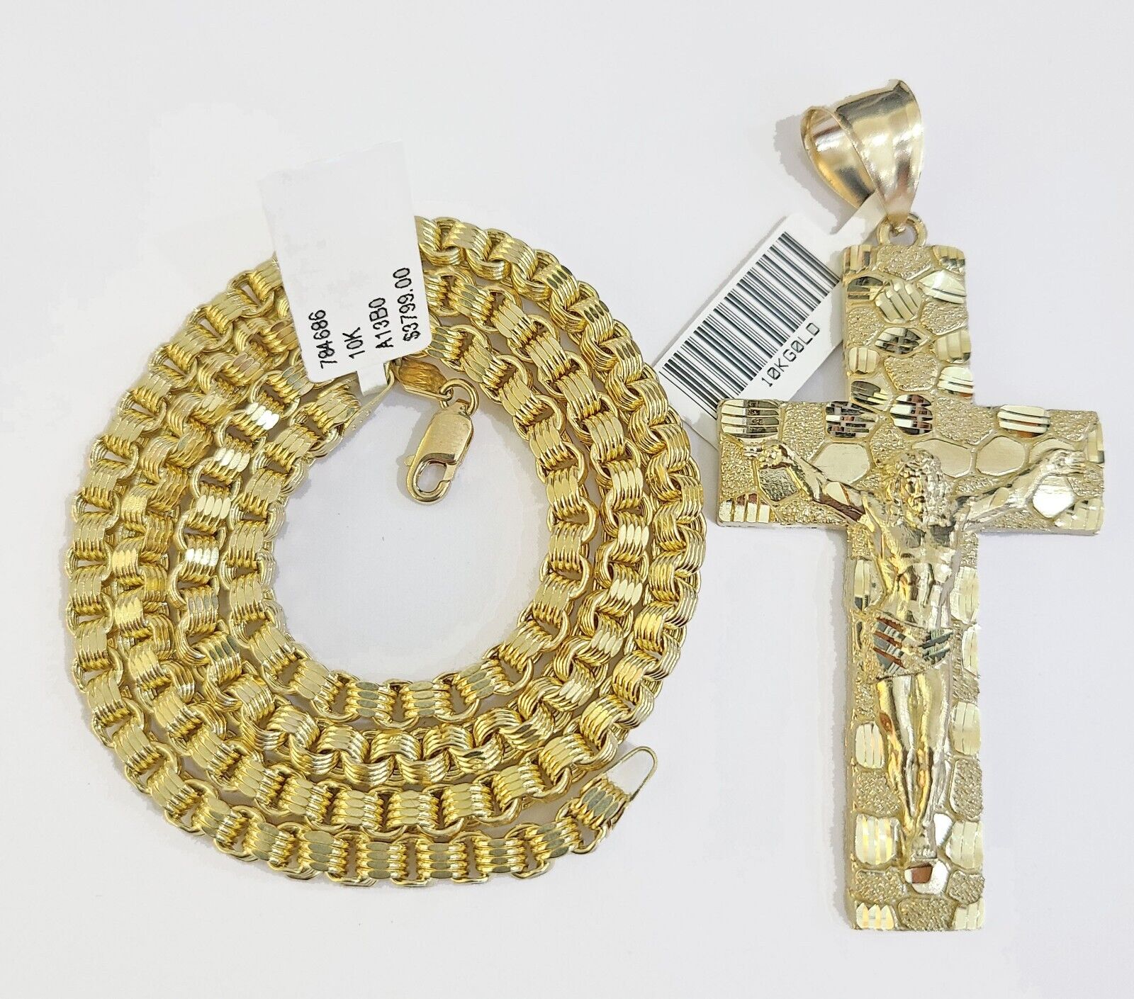 Real 10k Gold Nugget Cross Byzantine Chain Necklace 4mm 22" Chain Charm SET 10kt - GoldenlinQ