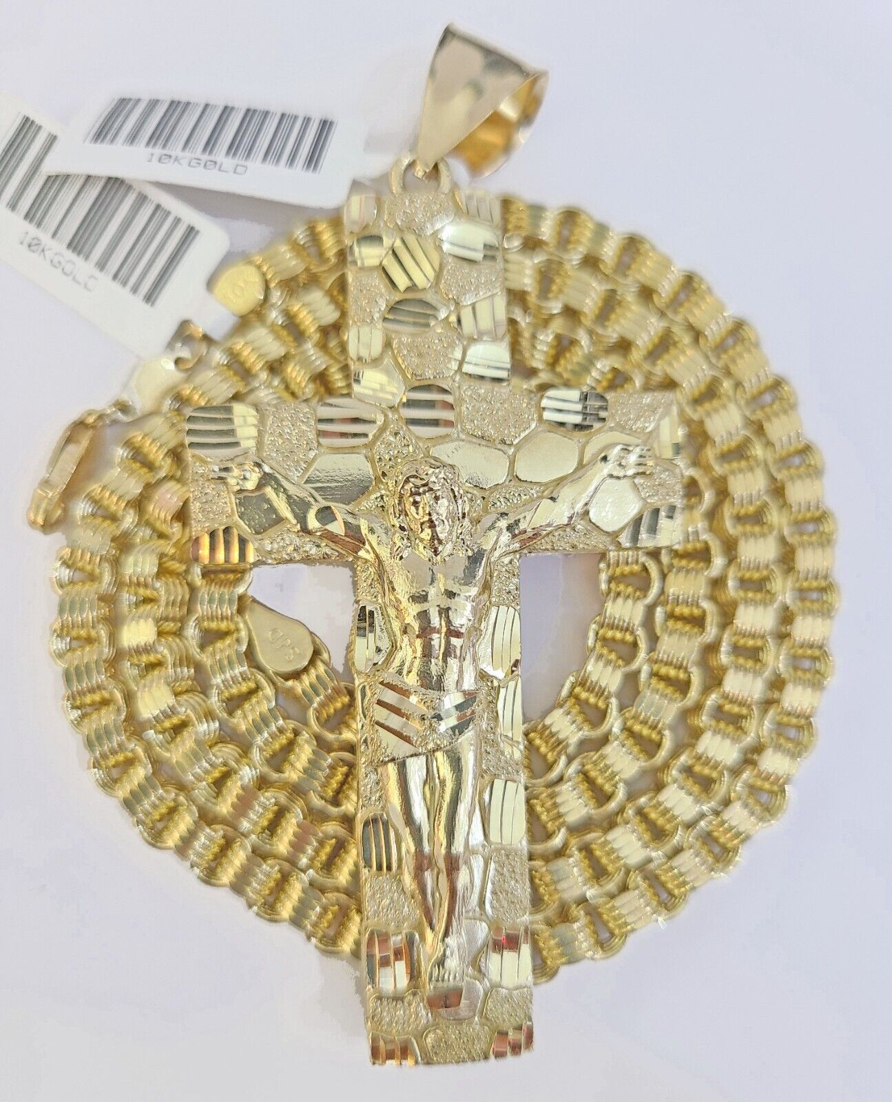 Real 10k Gold Nugget Cross Byzantine Chain Necklace 4mm 26" Chain Charm SET 10kt - GoldenlinQ