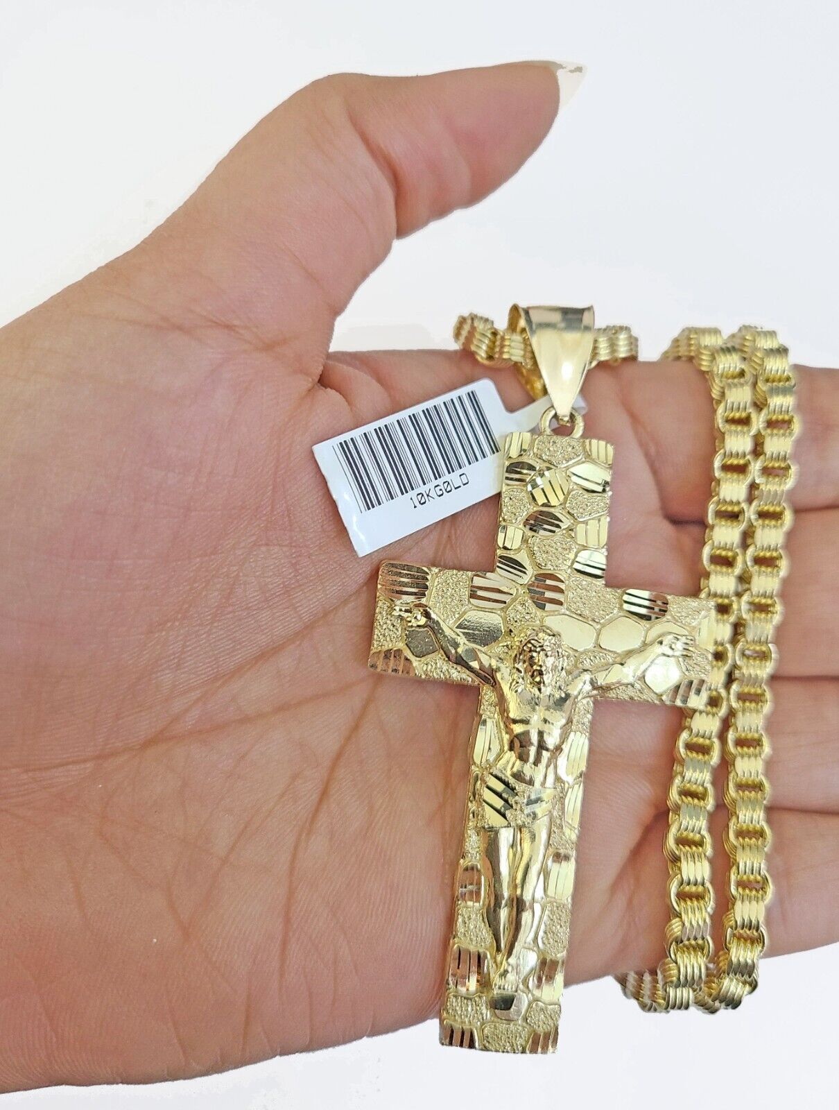 Real 10k Gold Nugget Cross Byzantine Chain Necklace 4mm 26" Chain Charm SET 10kt - GoldenlinQ