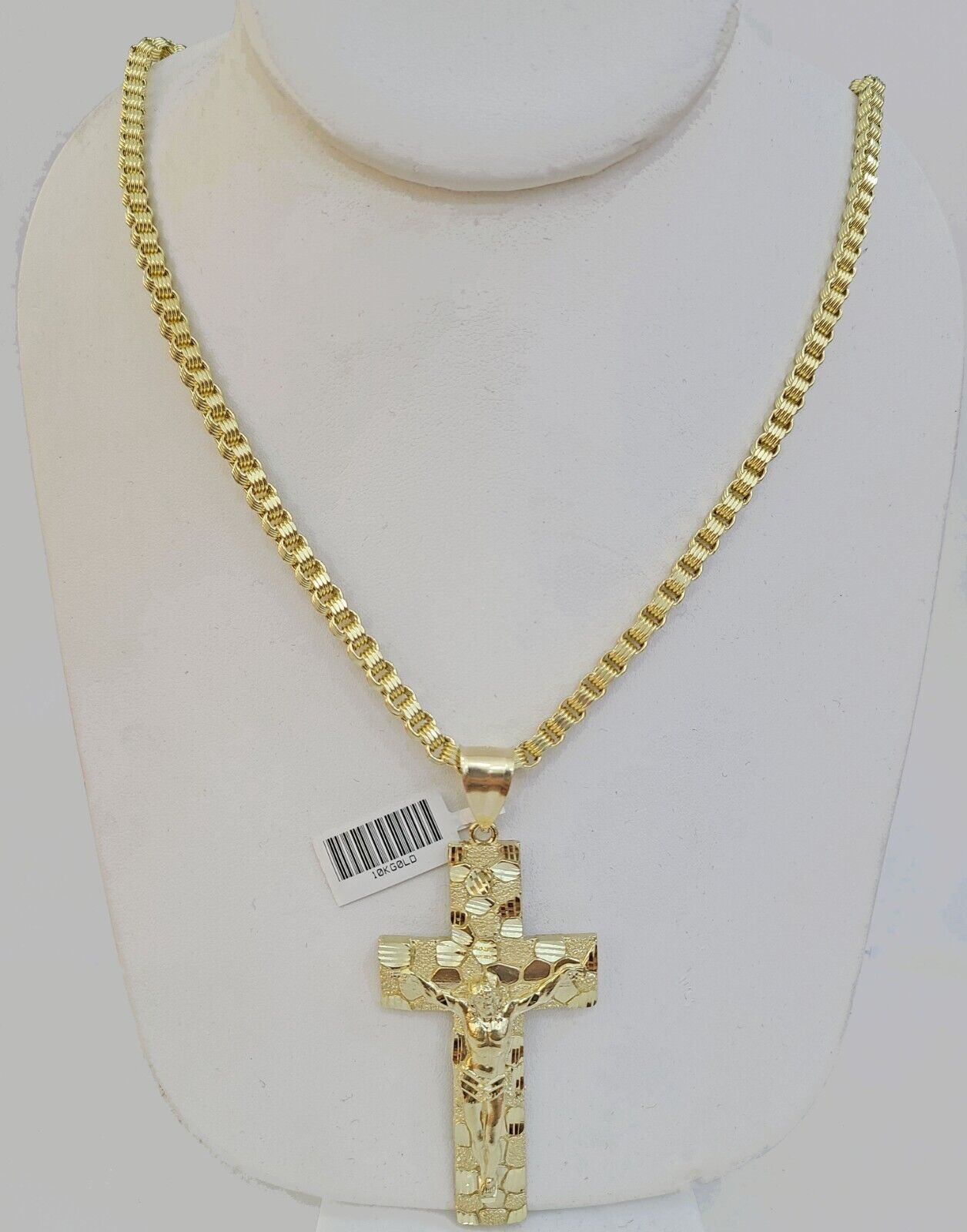 Real 10k Gold Nugget Cross Byzantine Chain Necklace 4mm 26" Chain Charm SET 10kt - GoldenlinQ