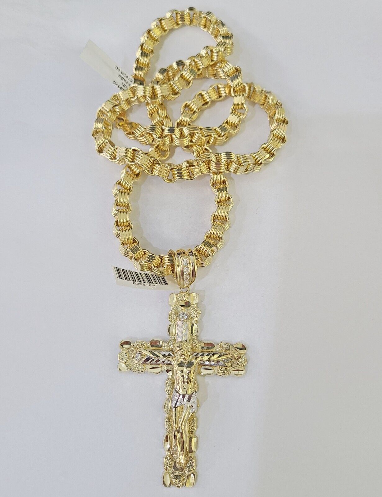 Real 10k Gold Nugget Cross Byzantine Chain Necklace 6mm 24" Chain SET Yellow - GoldenlinQ