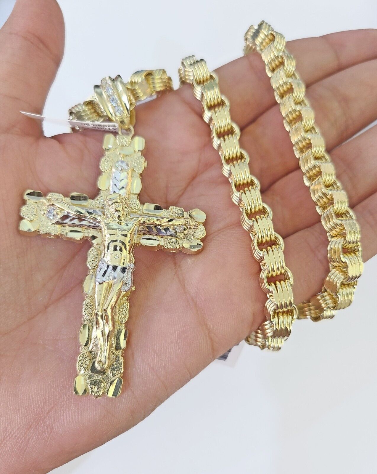 Real 10k Gold Nugget Cross Byzantine Chain Necklace 6mm 24" Chain SET Yellow - GoldenlinQ