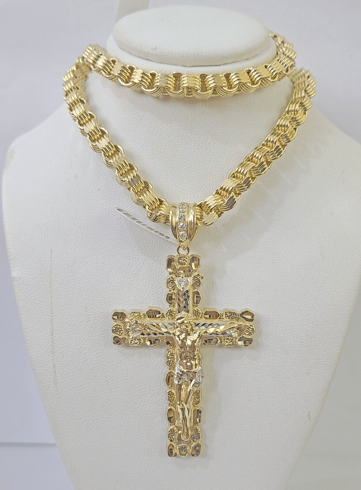Real 10k Gold Nugget Cross Byzantine Chain Necklace 6mm 24" Chain SET Yellow - GoldenlinQ